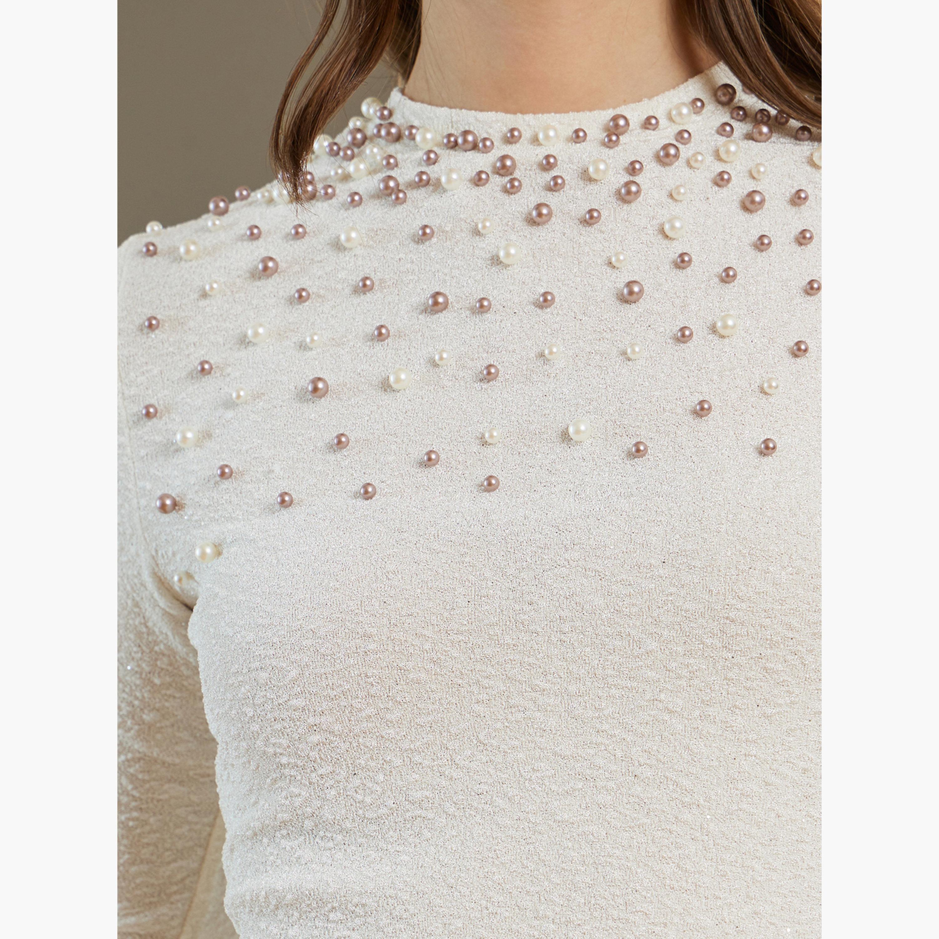 بلوزة بتفاصيل محبوكة وأكمام طويلة وتفاصيل لؤلؤ-women-clothing-tshirts-image-4