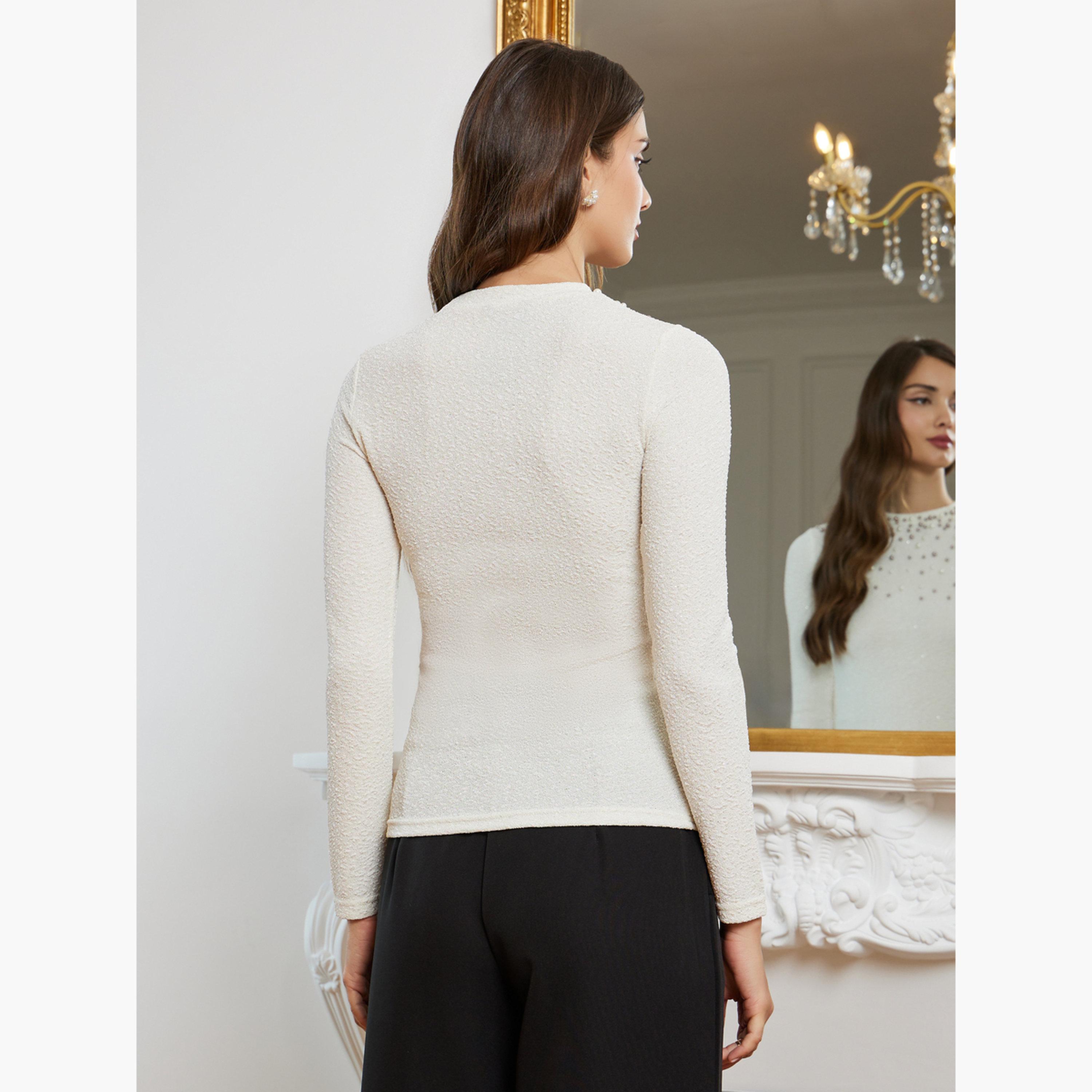 بلوزة بتفاصيل محبوكة وأكمام طويلة وتفاصيل لؤلؤ-women-clothing-tshirts-image-5