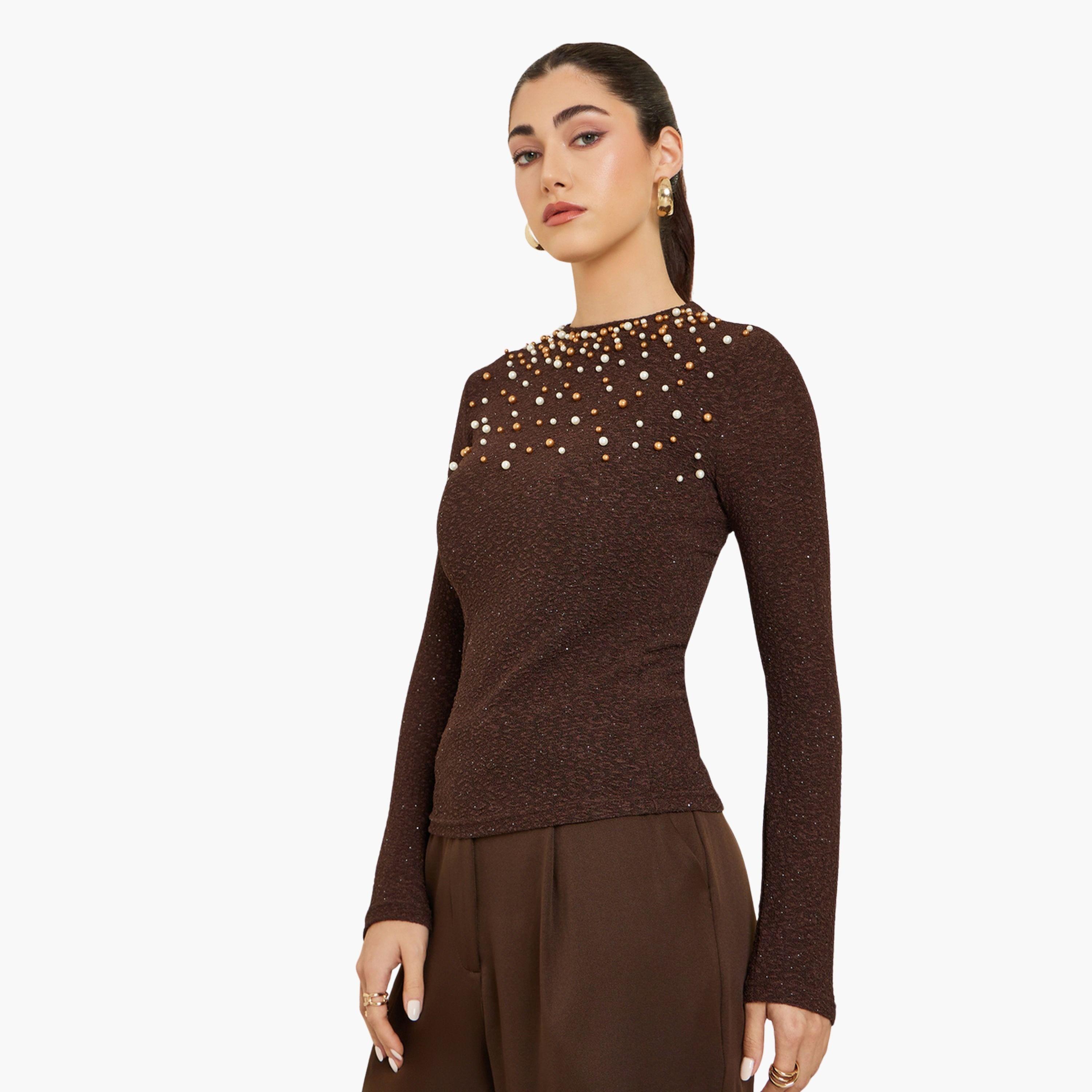بلوزة محبوكة مزينة باللؤلؤ-women-clothing-tshirts-image-1