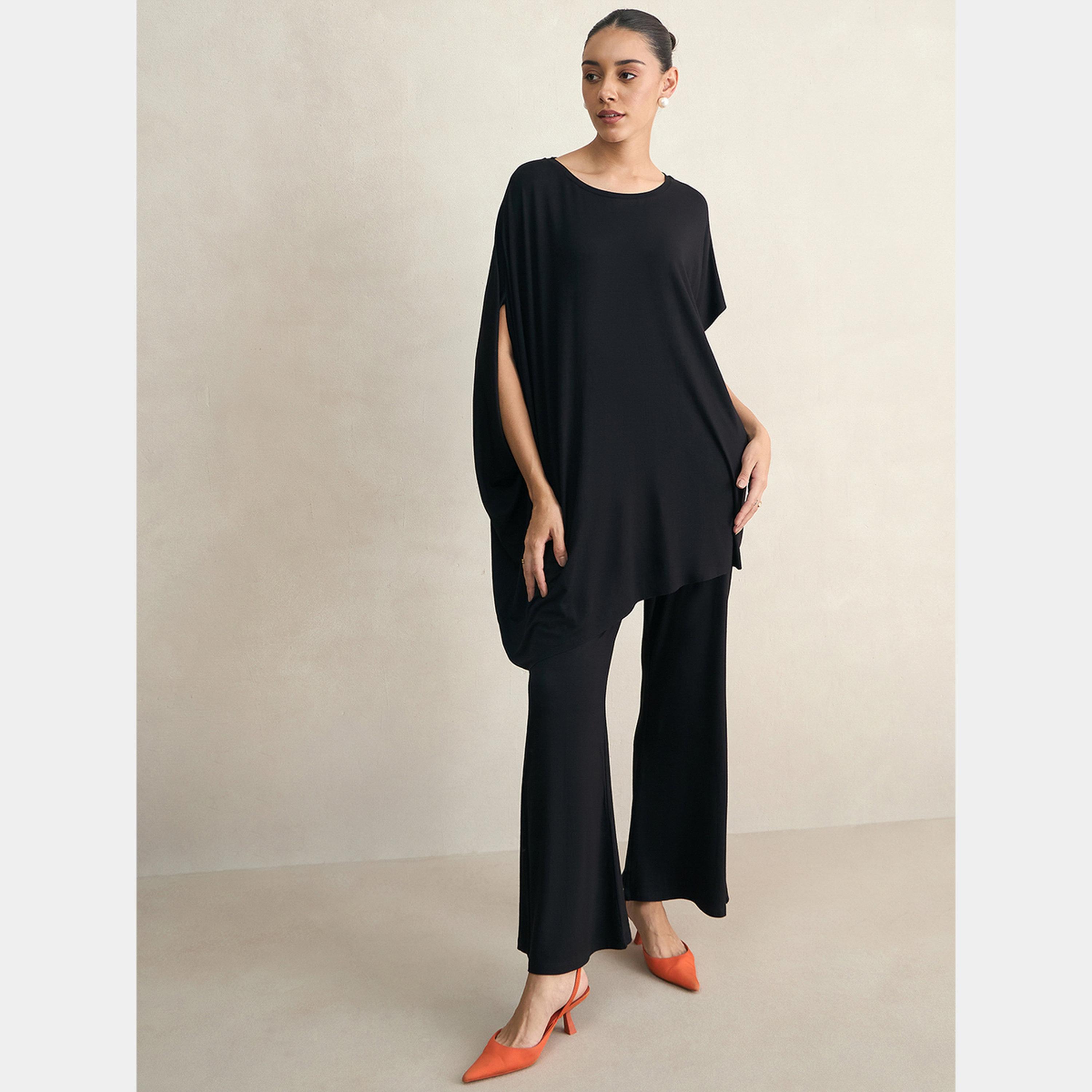 Femmella Black Knit Flared Pants-women-clothing-bottoms-trousers-image-2
