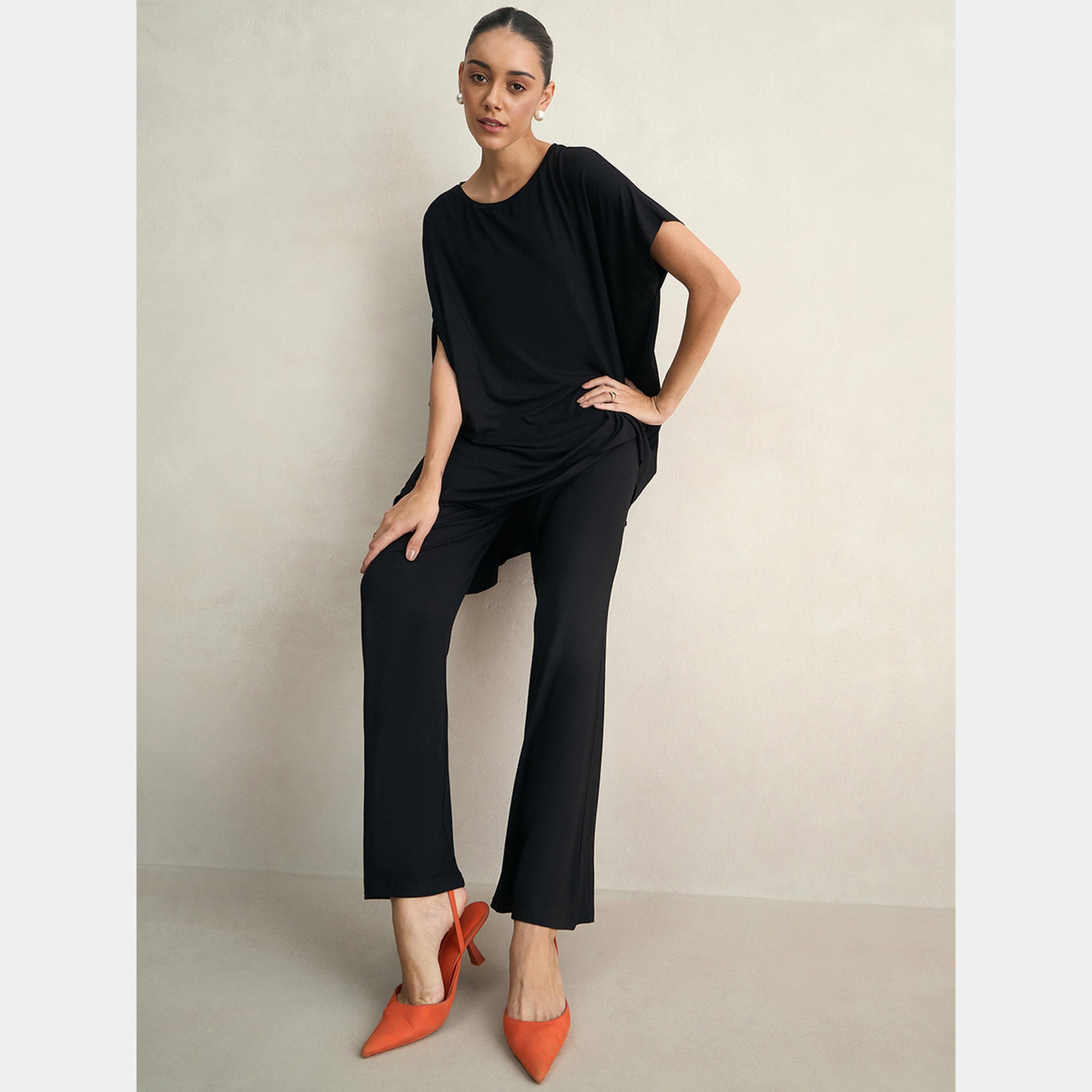 Femmella Black Knit Flared Pants-women-clothing-bottoms-trousers-image-3