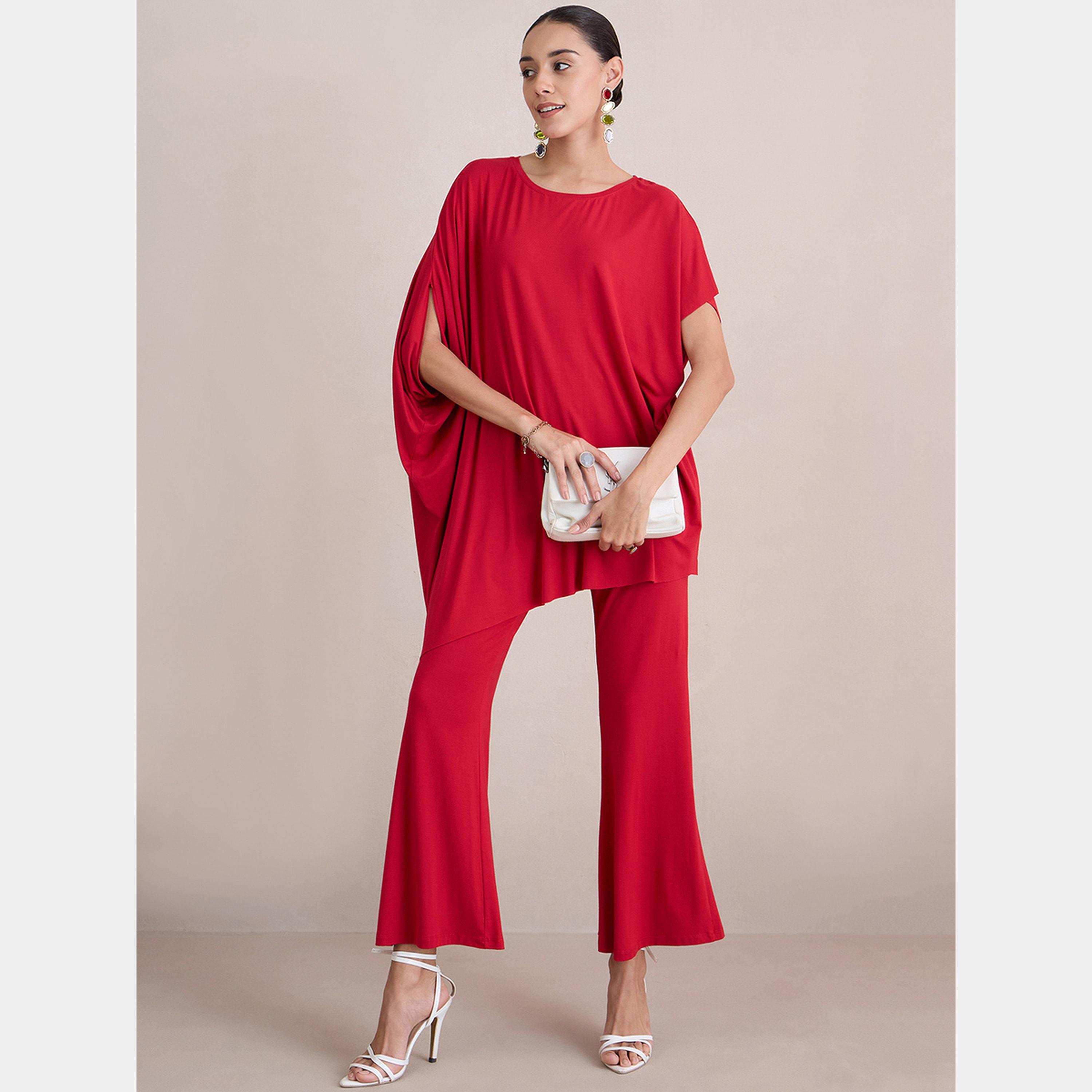Femmella Red Knit Flared Pants-women-clothing-bottoms-trousers-image-2