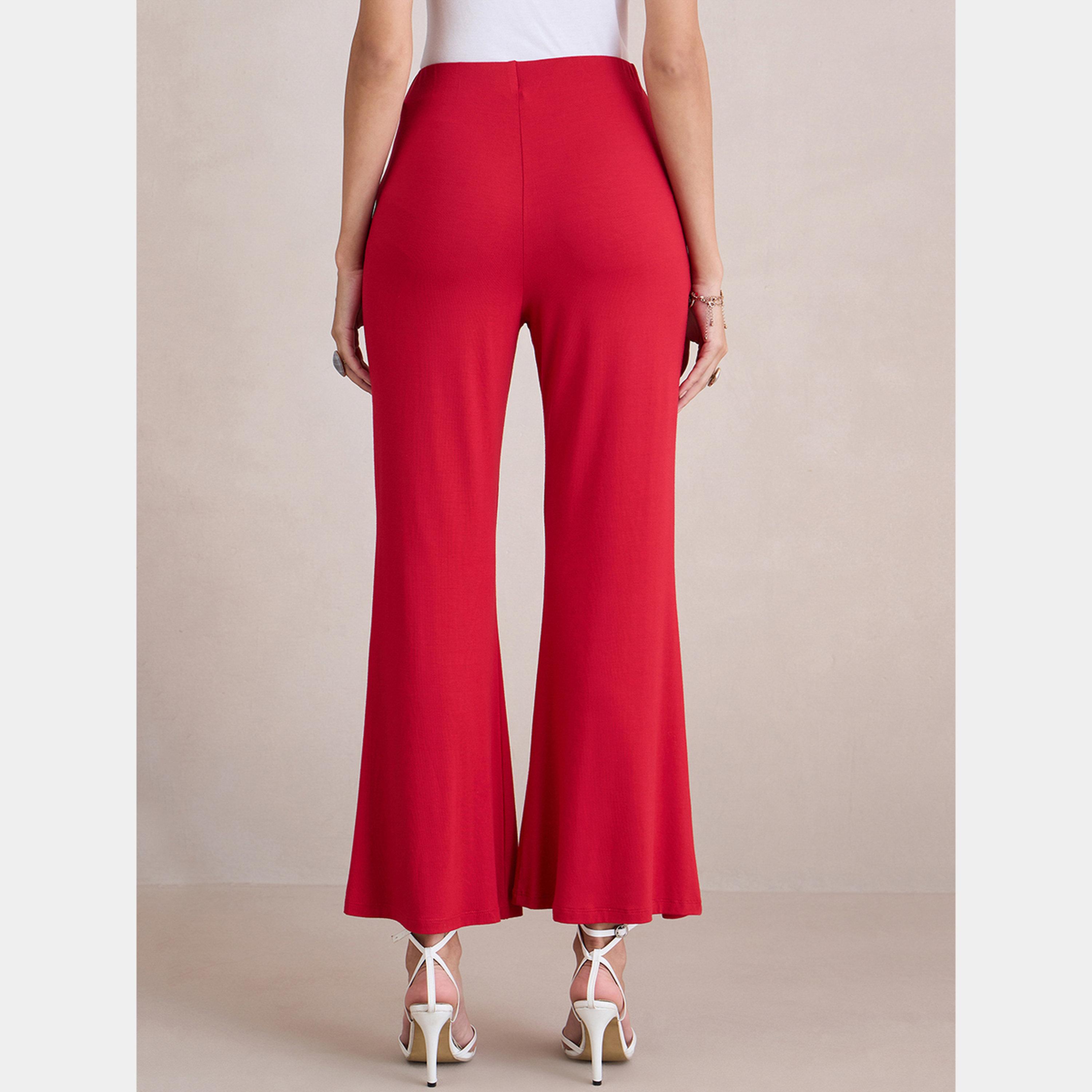 Femmella Red Knit Flared Pants-women-clothing-bottoms-trousers-image-4