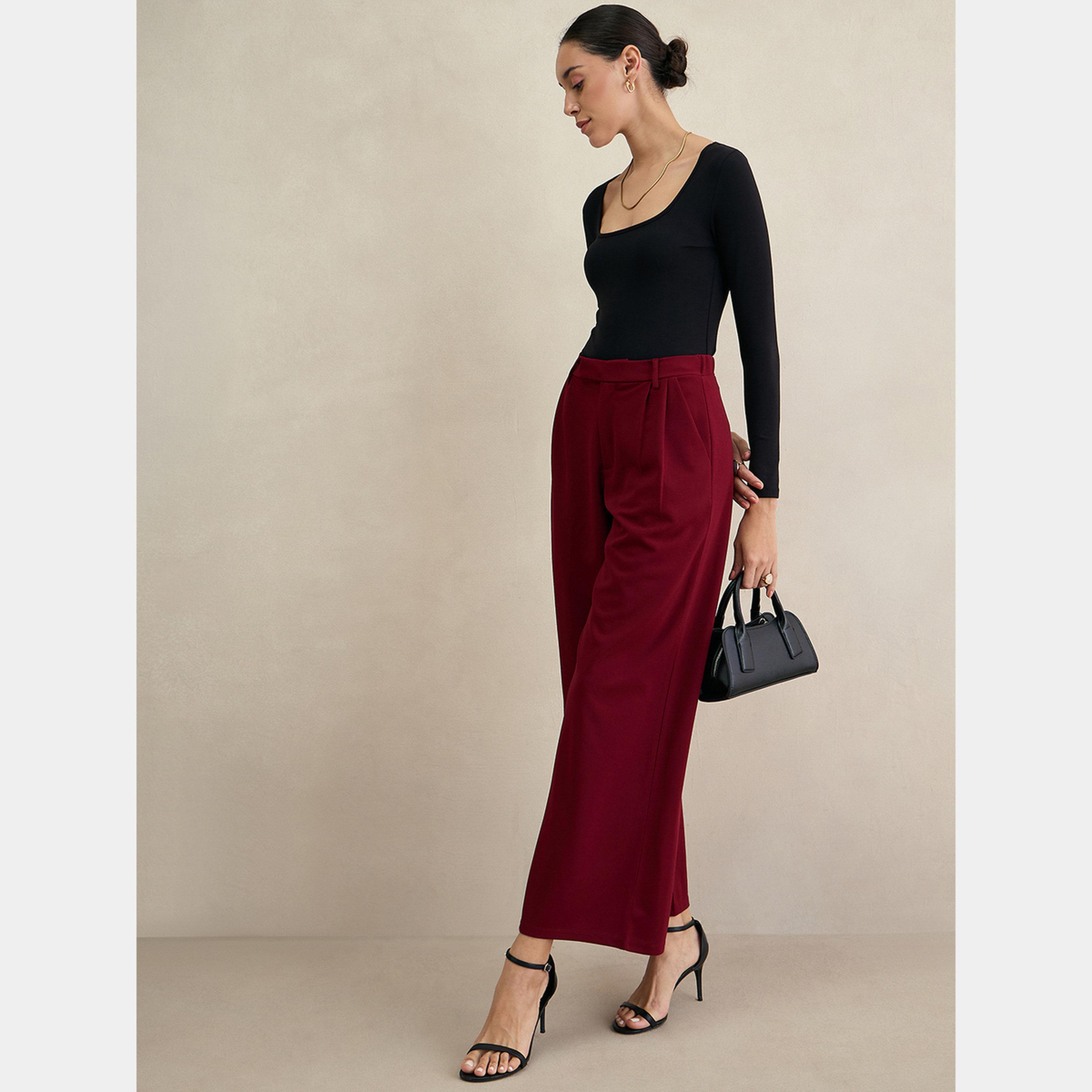 Femmella Maroon Wide Leg Knit Trousers-women-clothing-bottoms-trousers-image-2