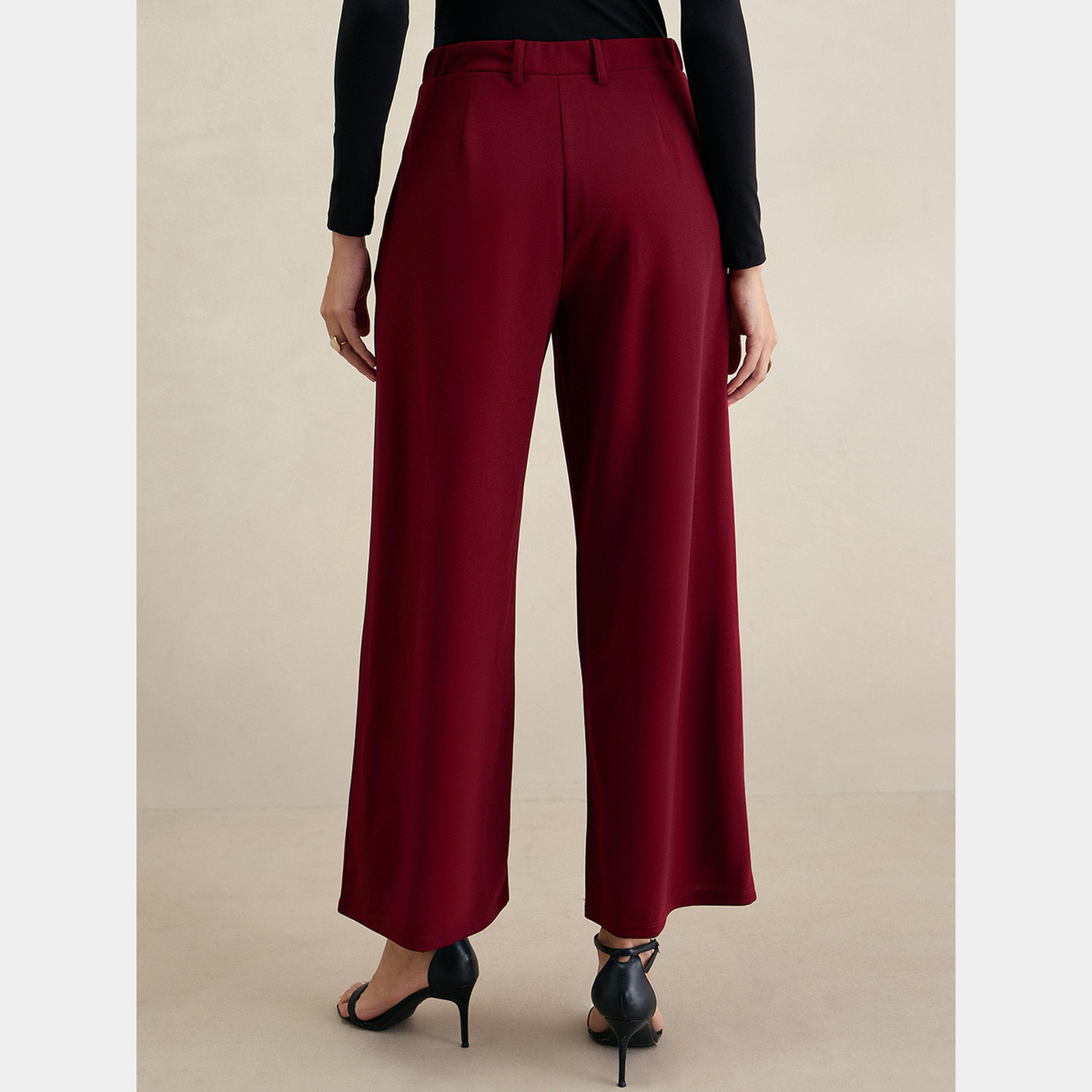 Femmella Maroon Wide Leg Knit Trousers-women-clothing-bottoms-trousers-image-4