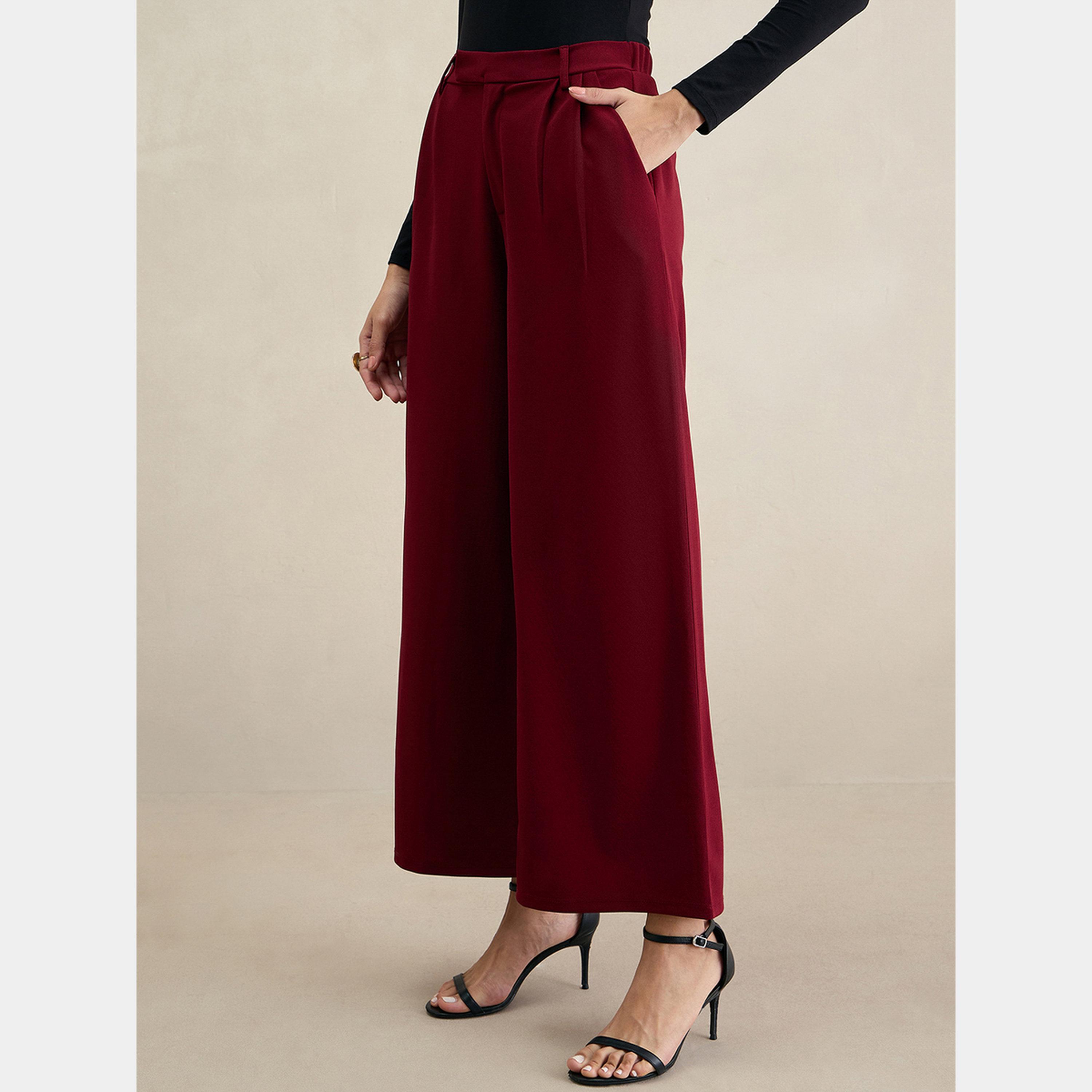 Femmella Maroon Wide Leg Knit Trousers-women-clothing-bottoms-trousers-image-5