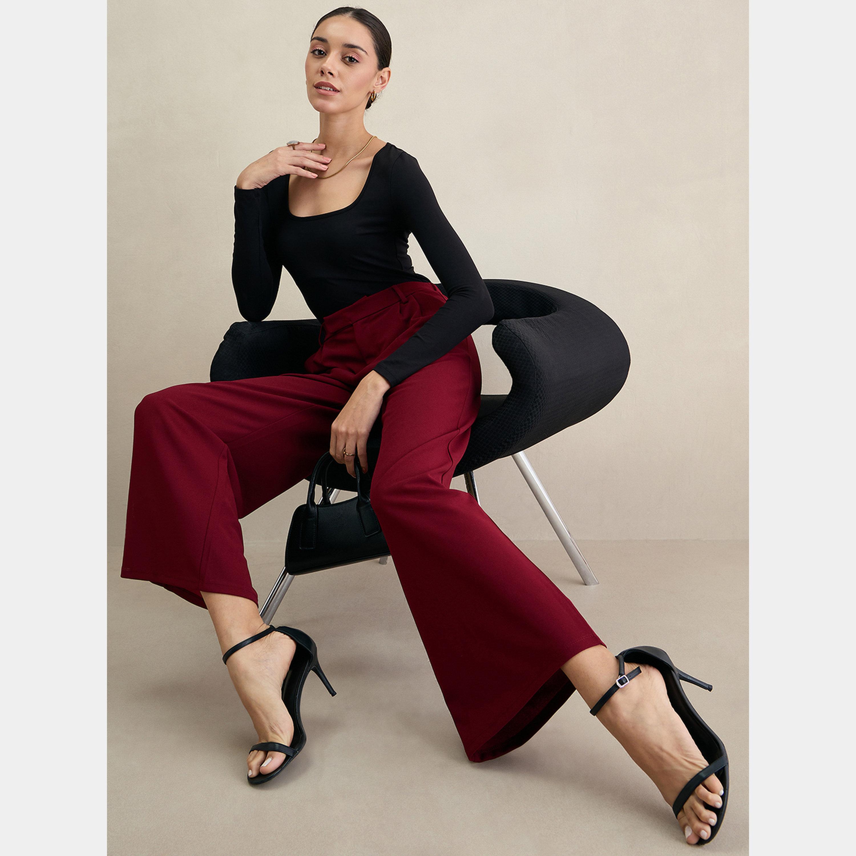 فيميلا - بنطال محبوك واسع الساق لون مارون-women-clothing-bottoms-trousers-image-6
