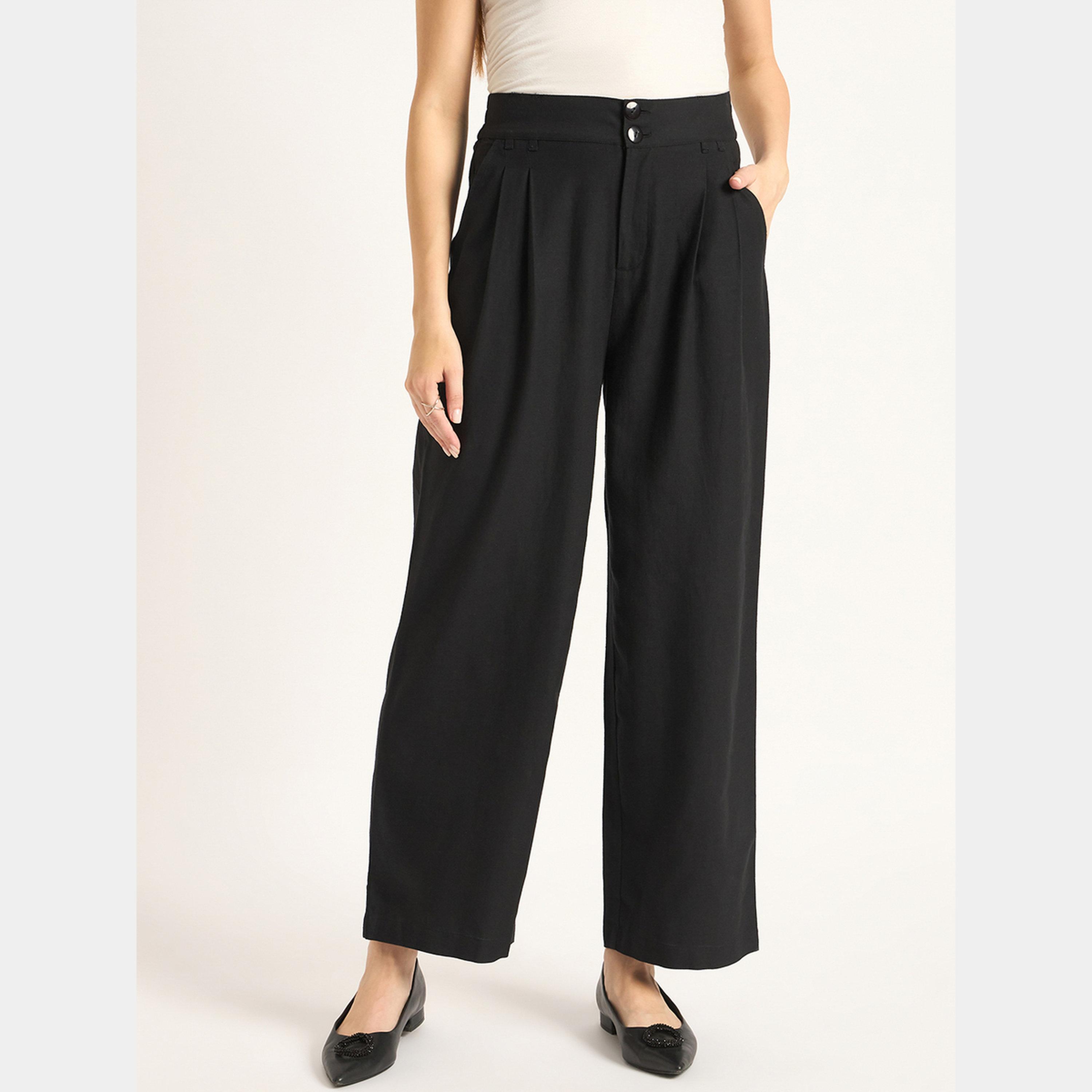 فيميلا - بنطال أسود مستقيم بأزرار مزدوجة-women-clothing-bottoms-trousers-image-1
