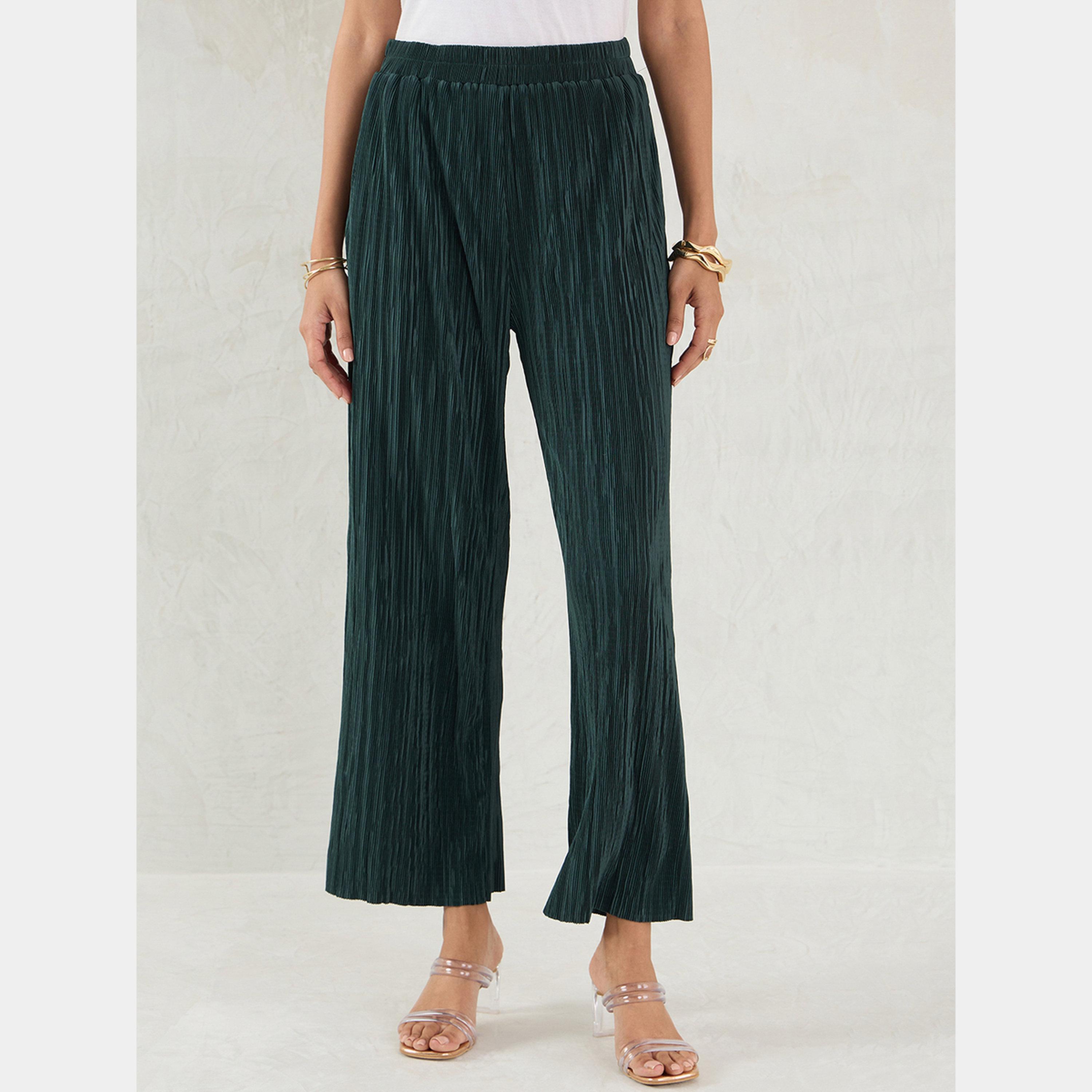 فيميلا - بنطال أخضر واسع الساق مطوي-women-clothing-bottoms-trousers-image-1