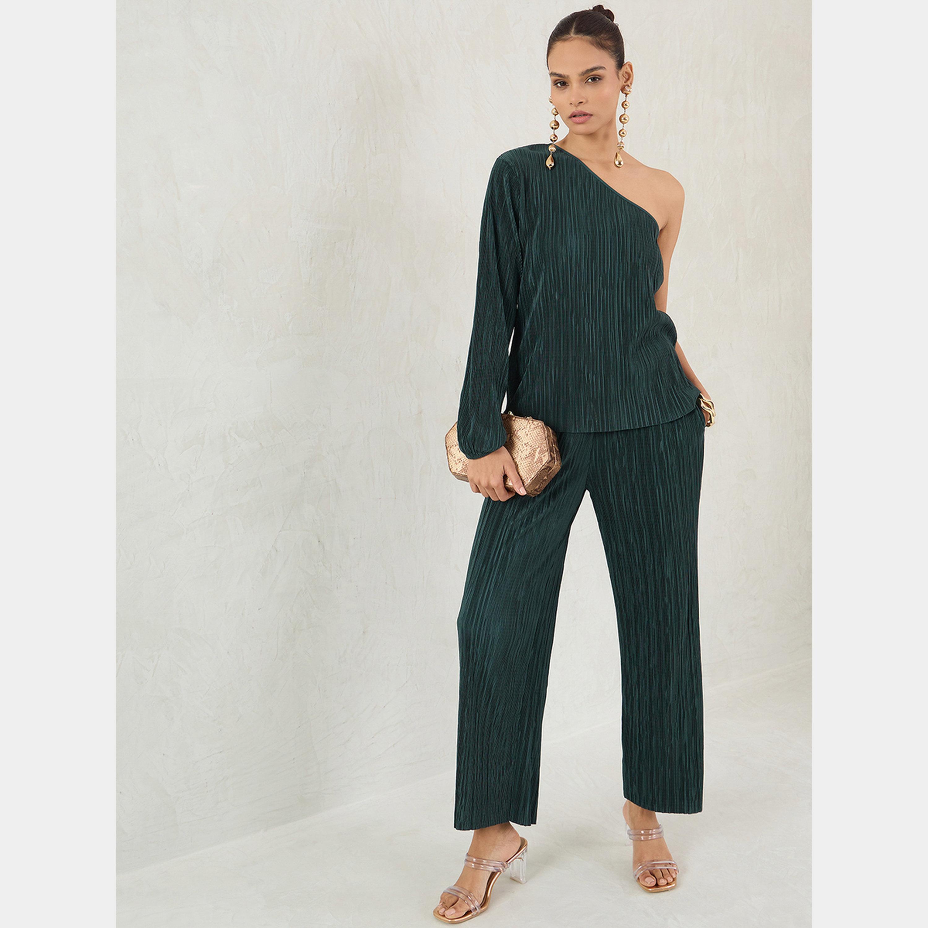 فيميلا - بنطال أخضر واسع الساق مطوي-women-clothing-bottoms-trousers-image-2