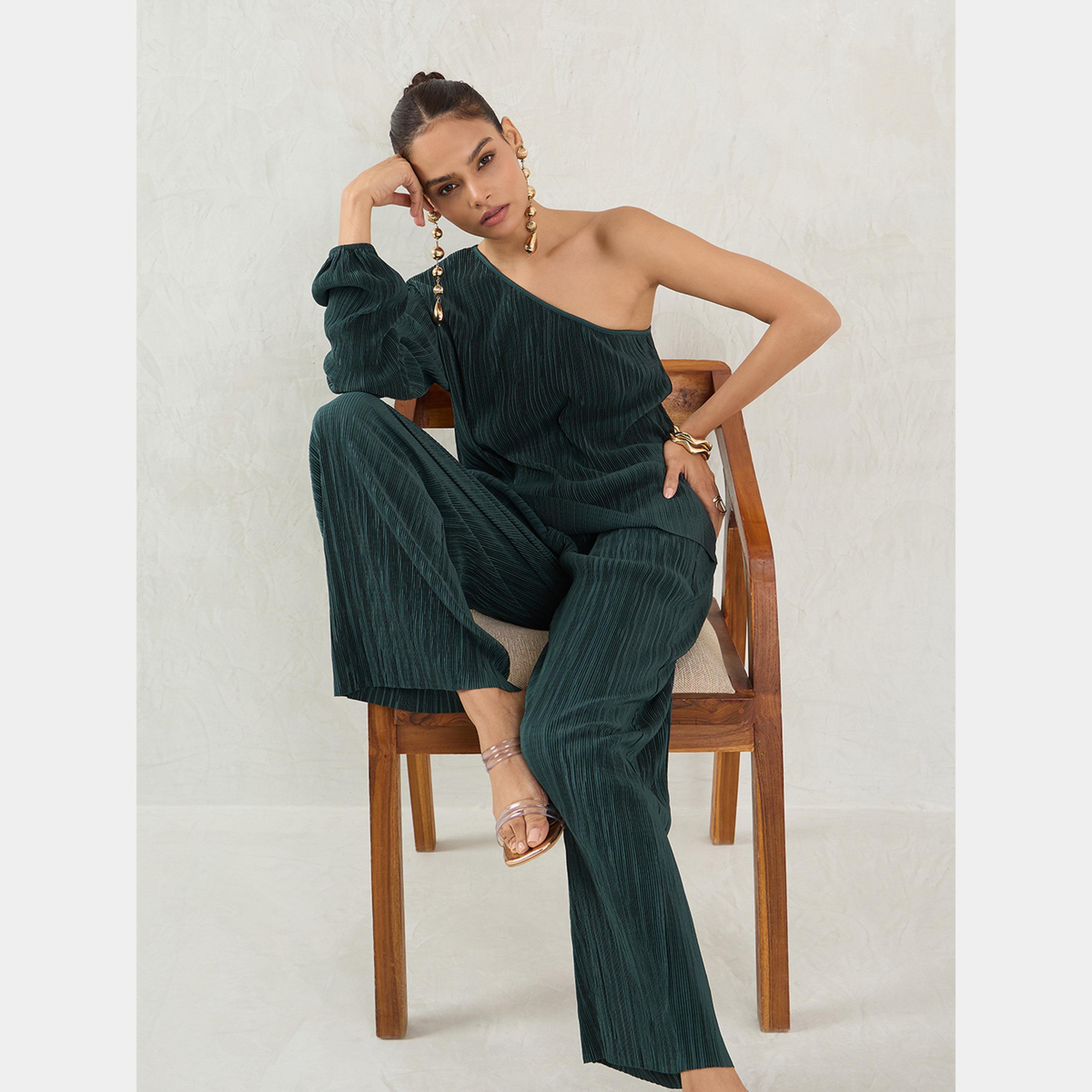 فيميلا - بنطال أخضر واسع الساق مطوي-women-clothing-bottoms-trousers-image-3