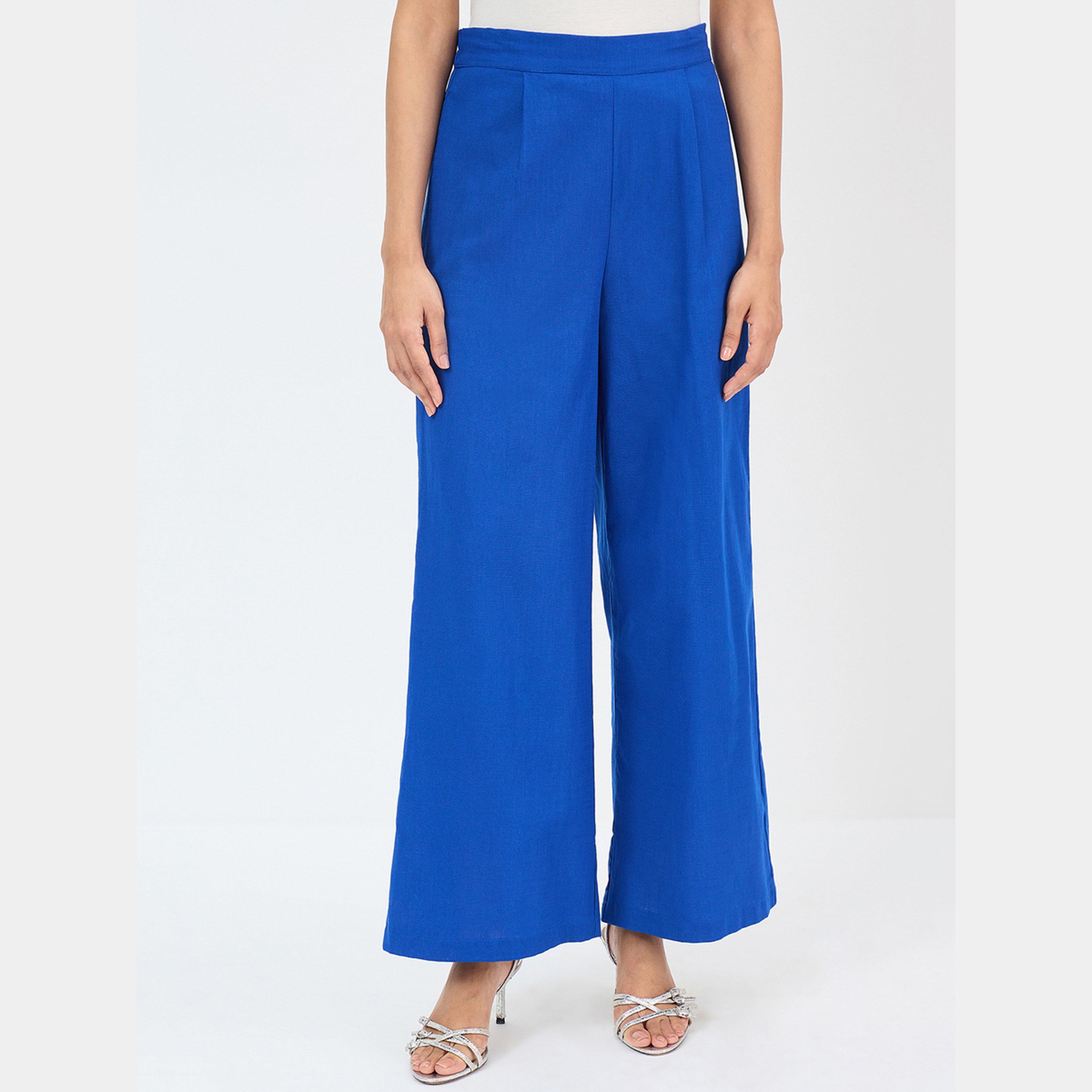 Femmella Royal Blue Cotton Straight Fit Pant-women-clothing-bottoms-trousers-image-1