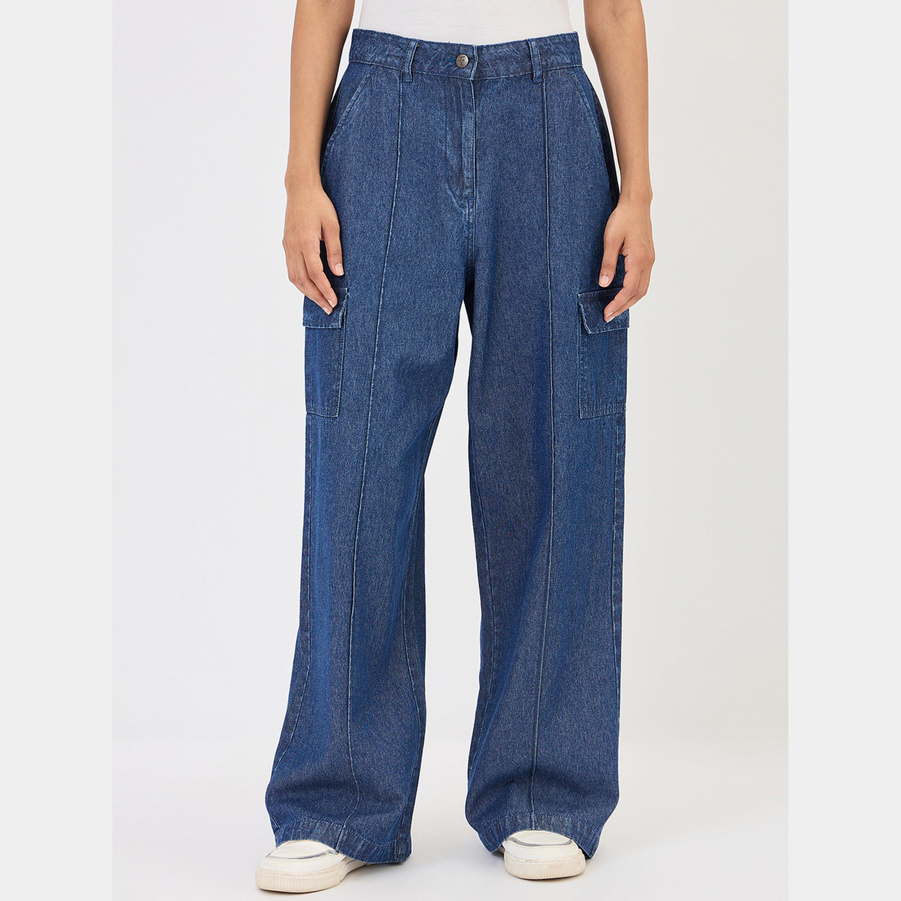 فيميلا - بنطال جينز واسع الساق أزرق كحلي-women-clothing-bottoms-trousers-image-1