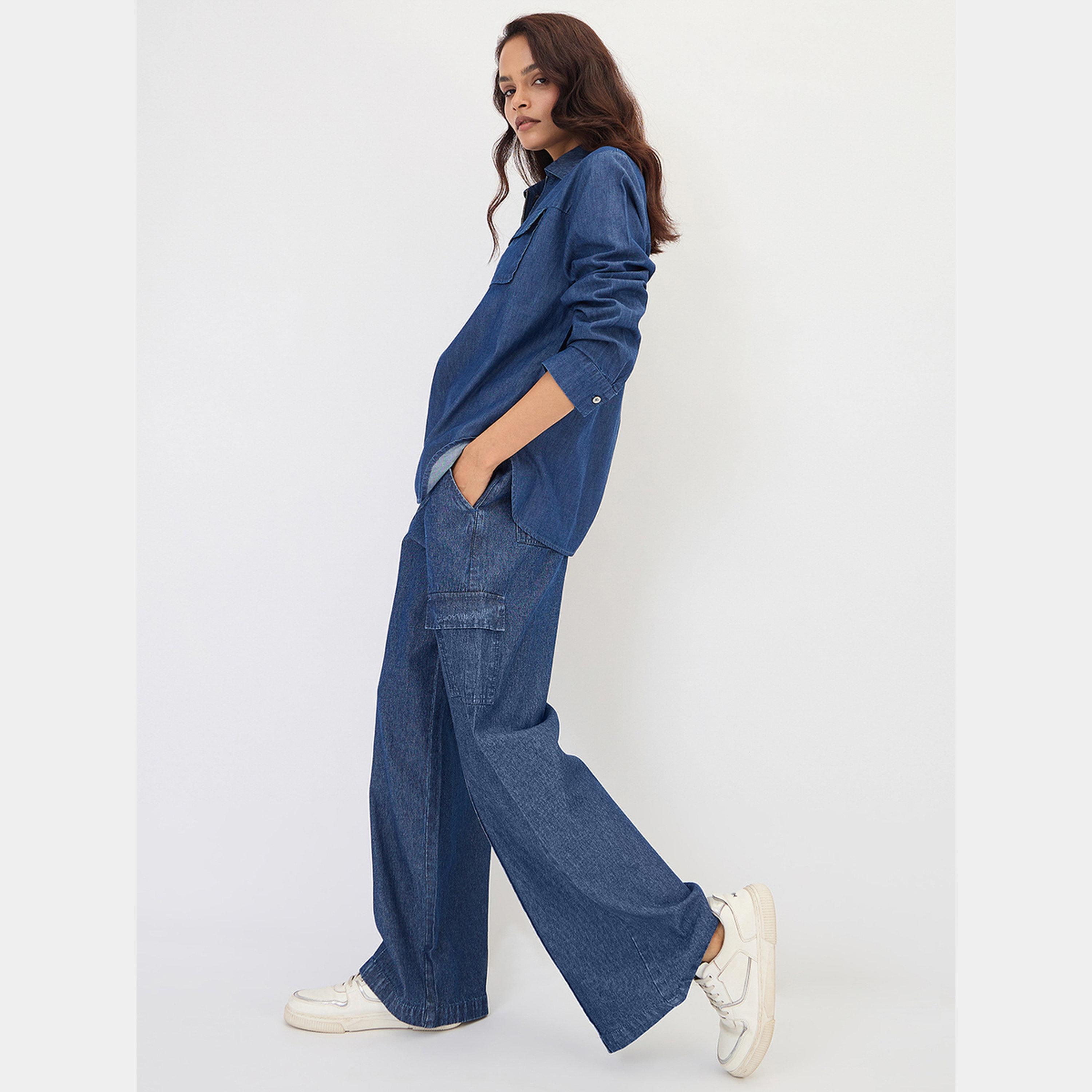 Femmella Navy Denim Wide Leg Cargo Trousers-women-clothing-bottoms-trousers-image-2