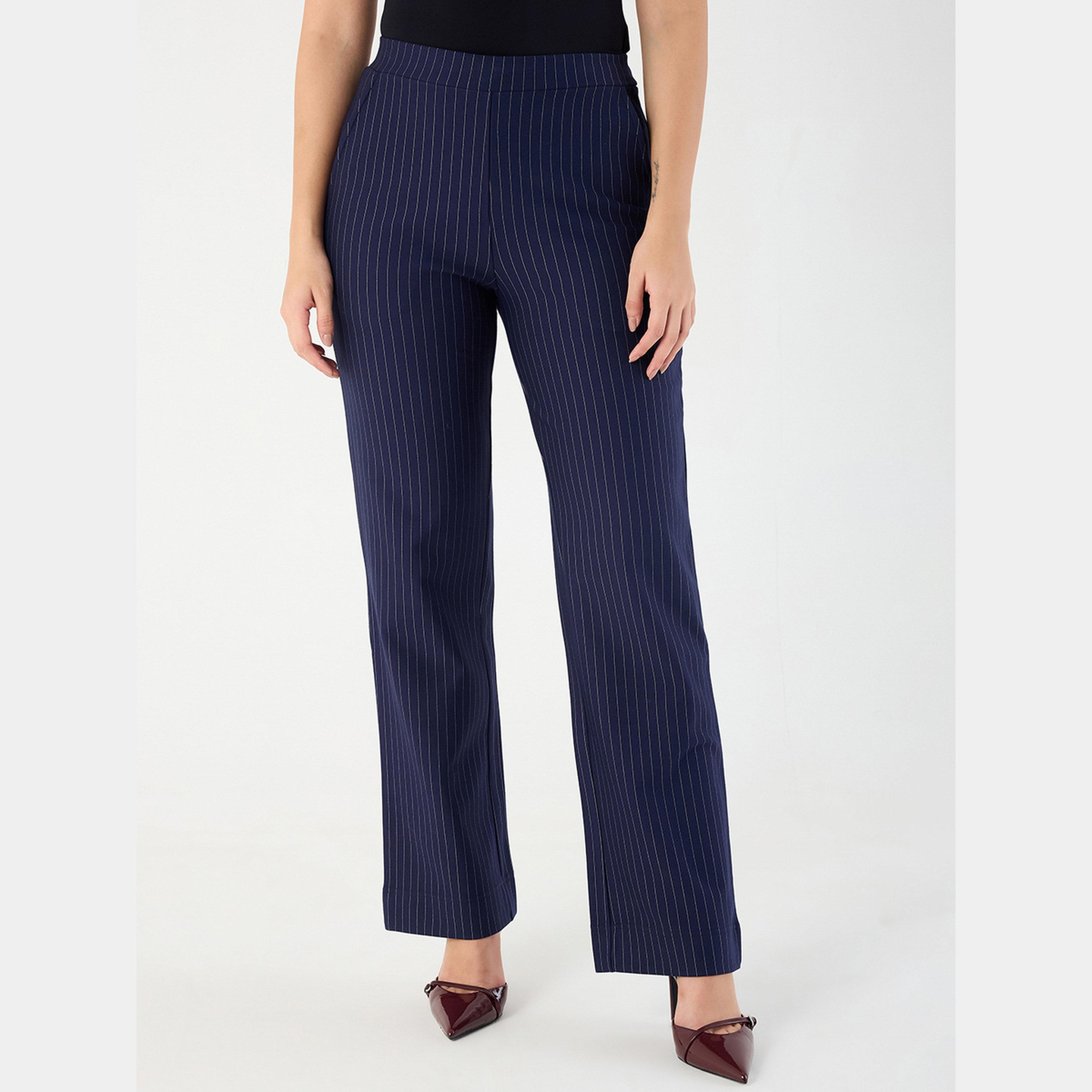 Femmella Navy Blue Pinstripe Regular Fit Trousers-women-clothing-bottoms-trousers-image-1