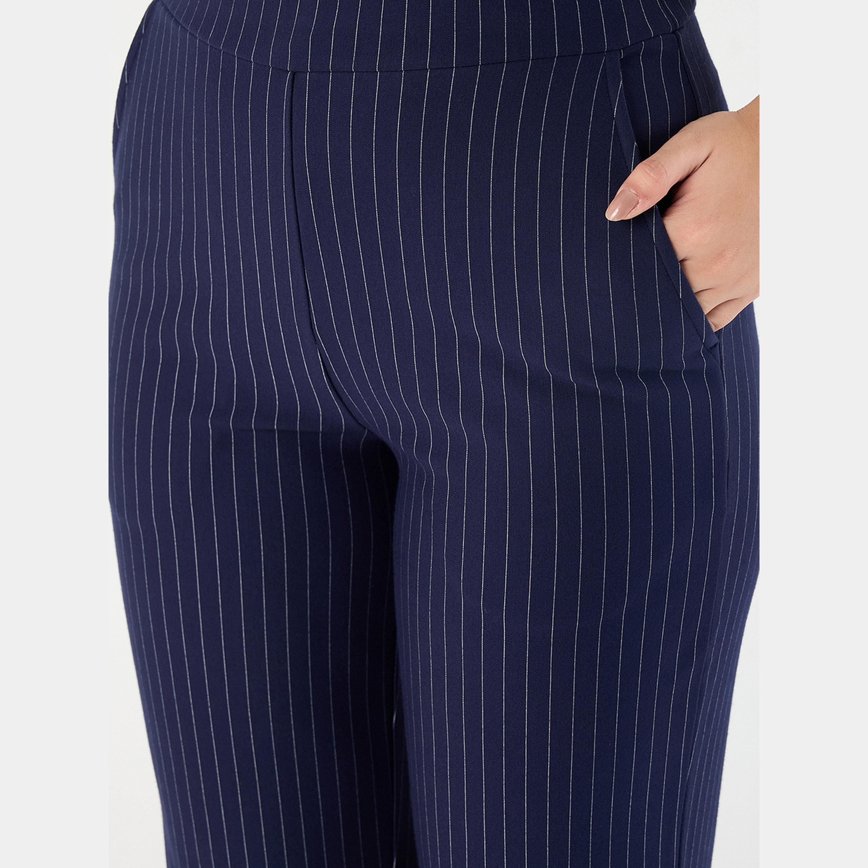 Femmella Navy Blue Pinstripe Regular Fit Trousers-women-clothing-bottoms-trousers-image-3