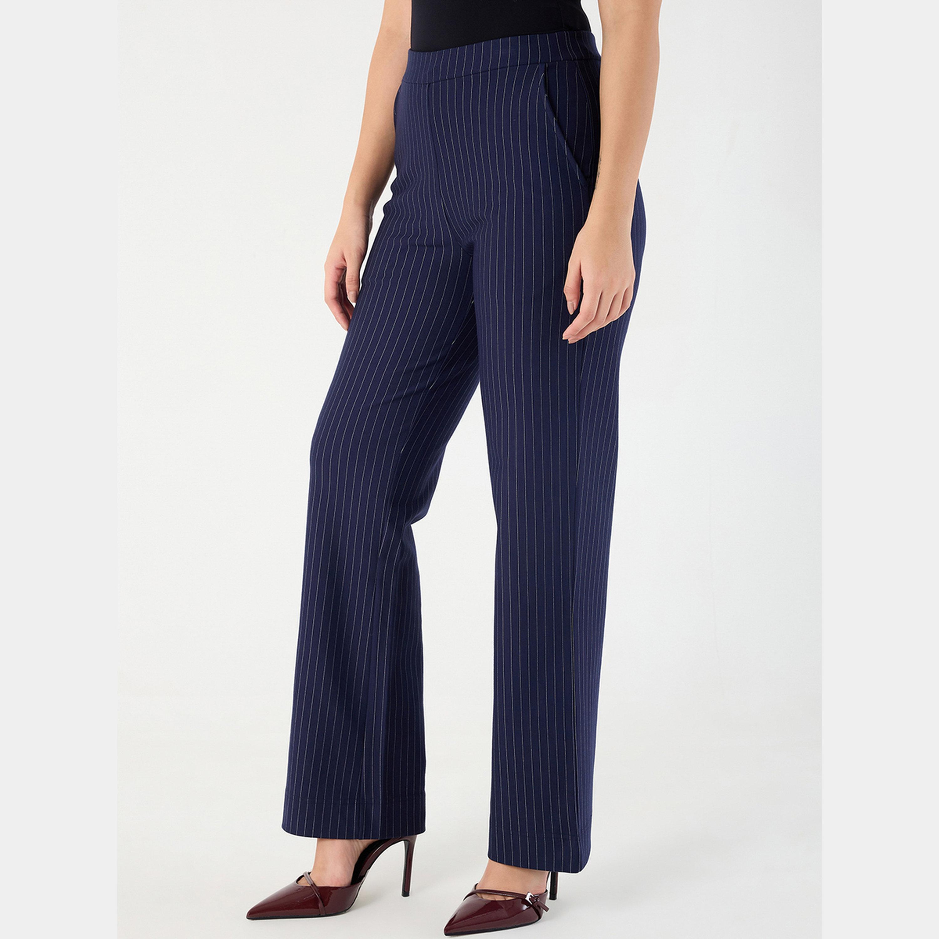 Femmella Navy Blue Pinstripe Regular Fit Trousers-women-clothing-bottoms-trousers-image-5