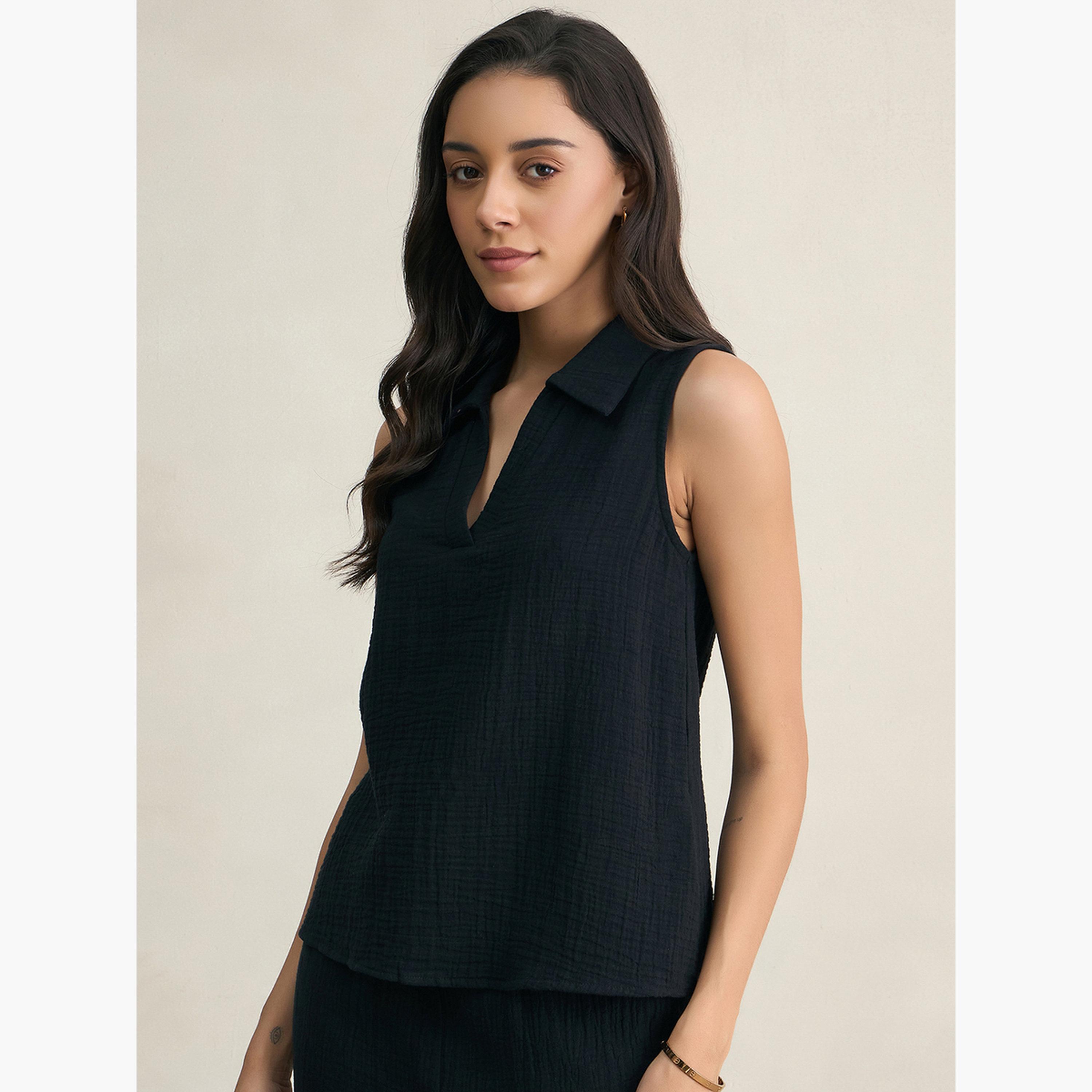 فيميلا - طقم نسائي من بلوزة وبنطال قطني أسود-women-clothing-coordsets-image-2