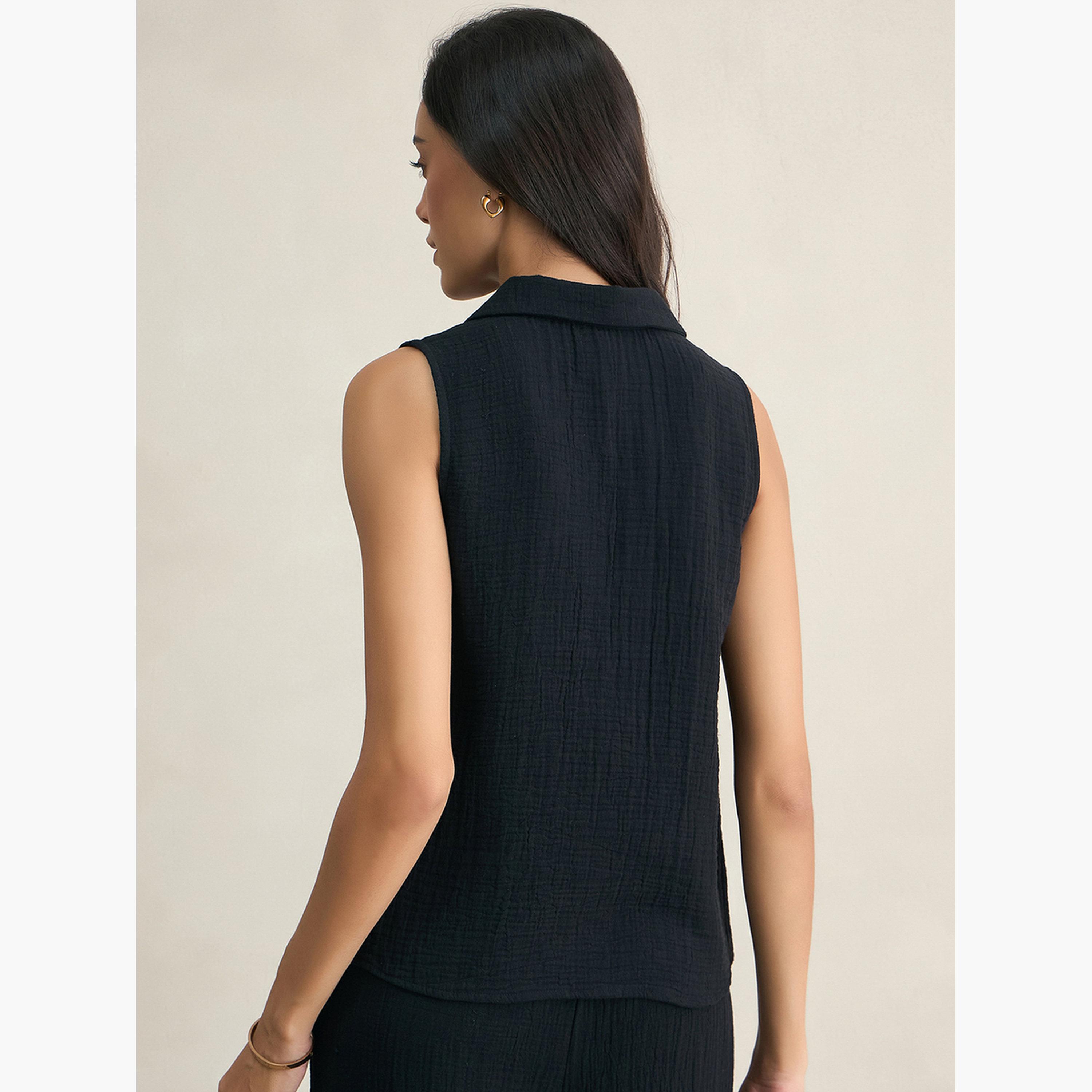 فيميلا - طقم نسائي من بلوزة وبنطال قطني أسود-women-clothing-coordsets-image-3