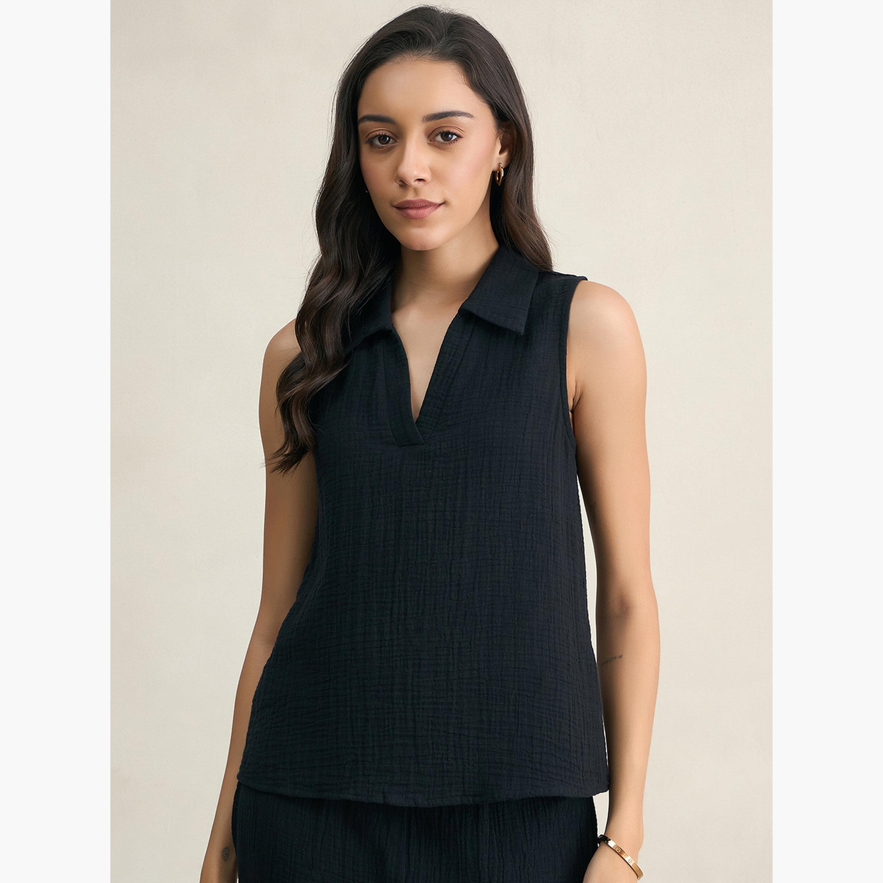 فيميلا - طقم نسائي من بلوزة وبنطال قطني أسود-women-clothing-coordsets-image-4