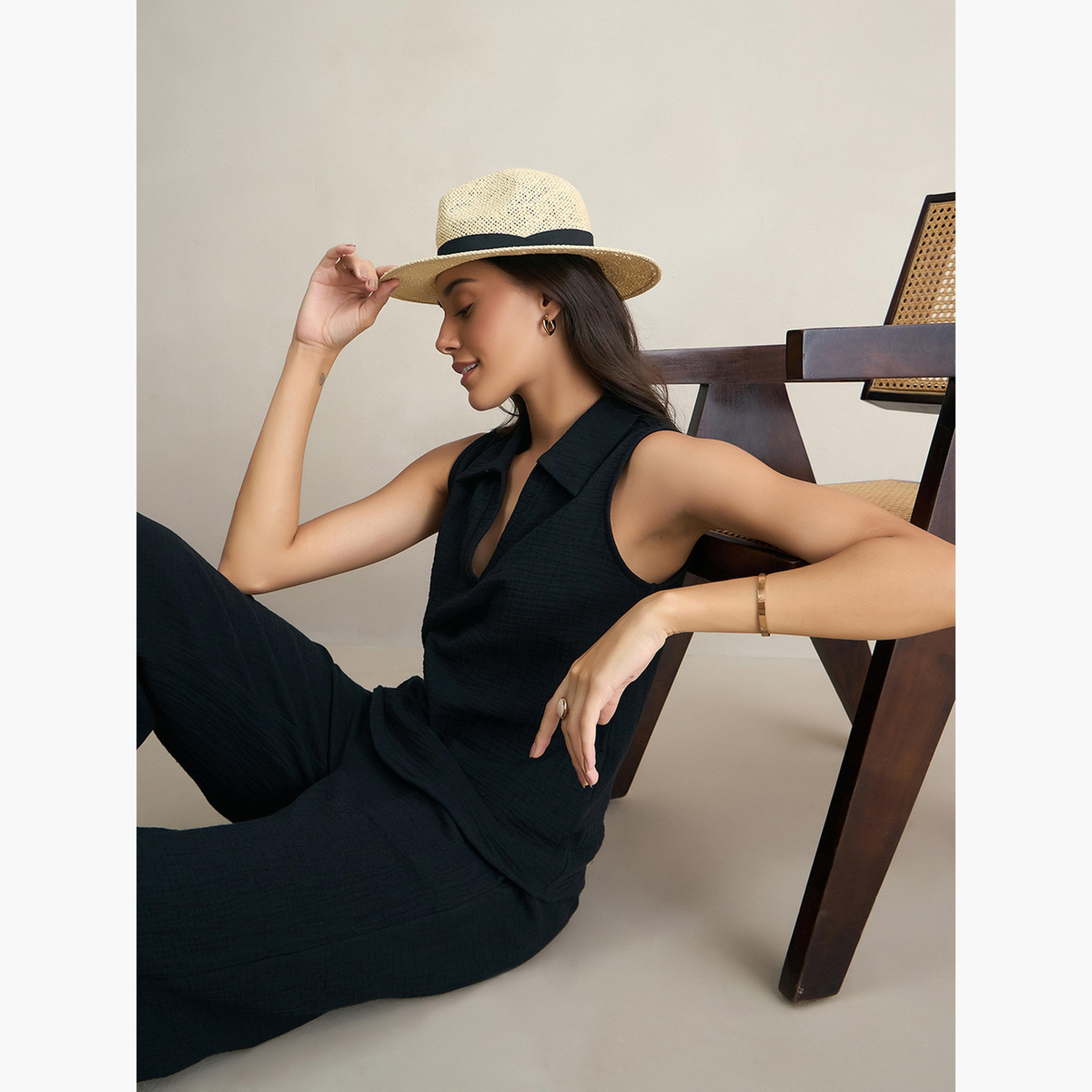 فيميلا - طقم نسائي من بلوزة وبنطال قطني أسود-women-clothing-coordsets-image-5