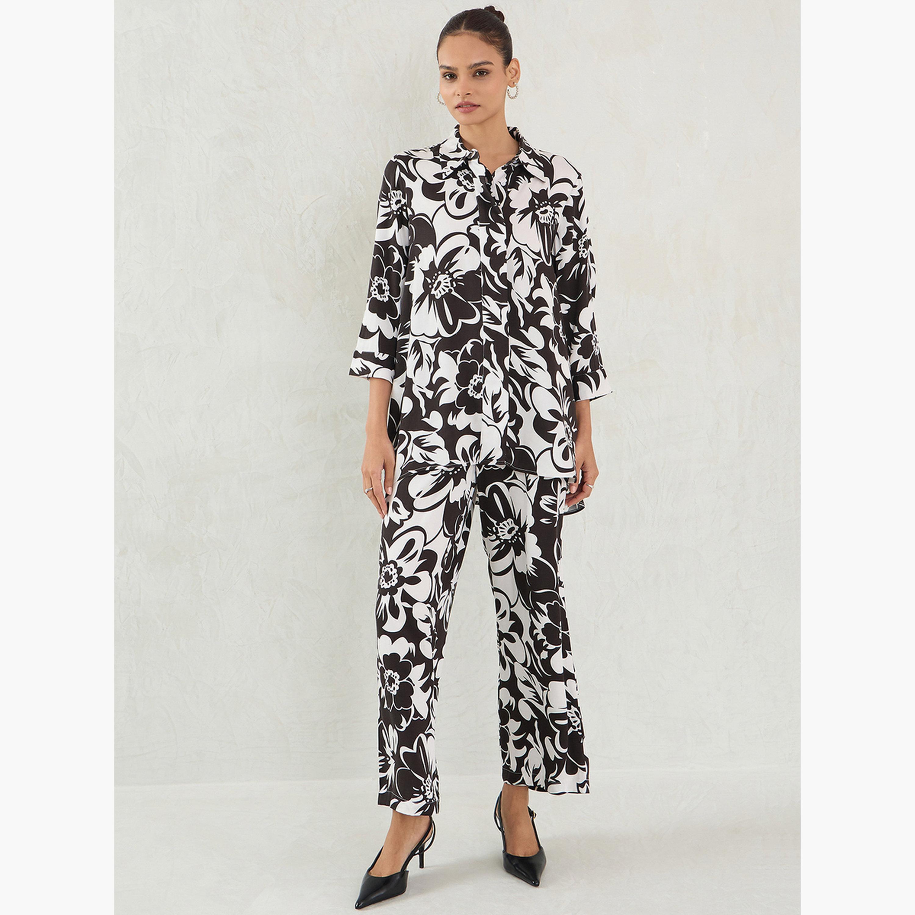 فيميلا - طقم قميص وبنطال بطبعة زهور للنساء-women-clothing-coordsets-image-1