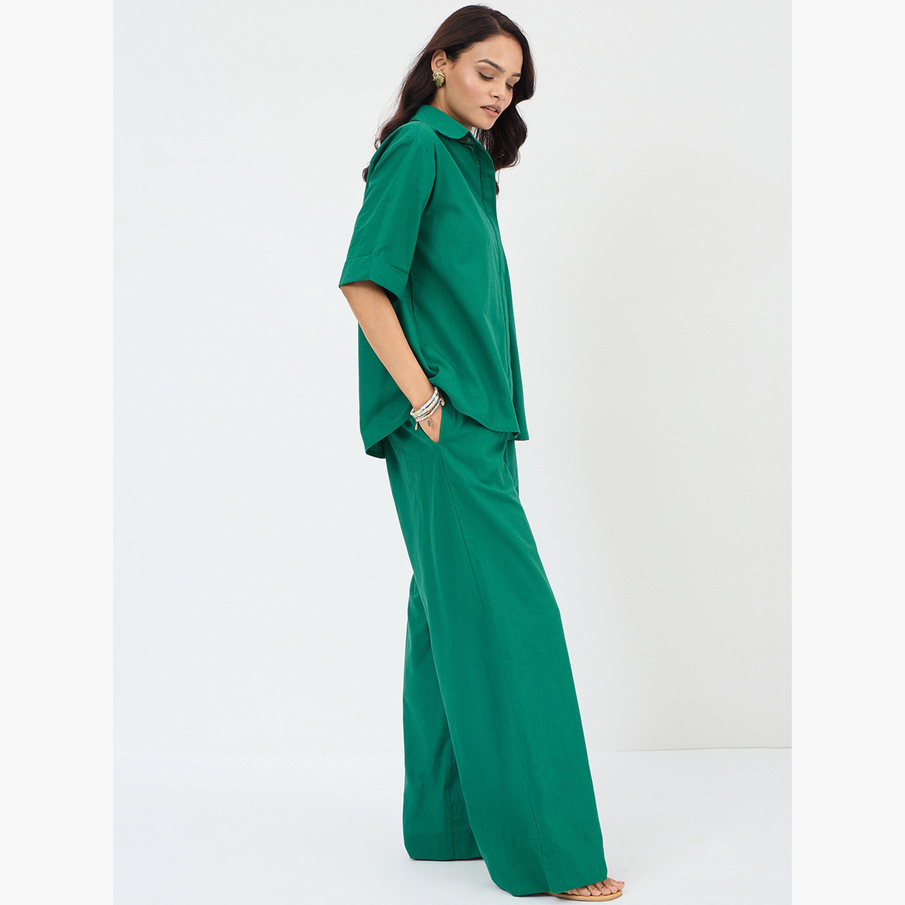 فيميلا - قميص وبنطال مصنوع من القطن لون أخضر للنساء-women-clothing-coordsets-image-3