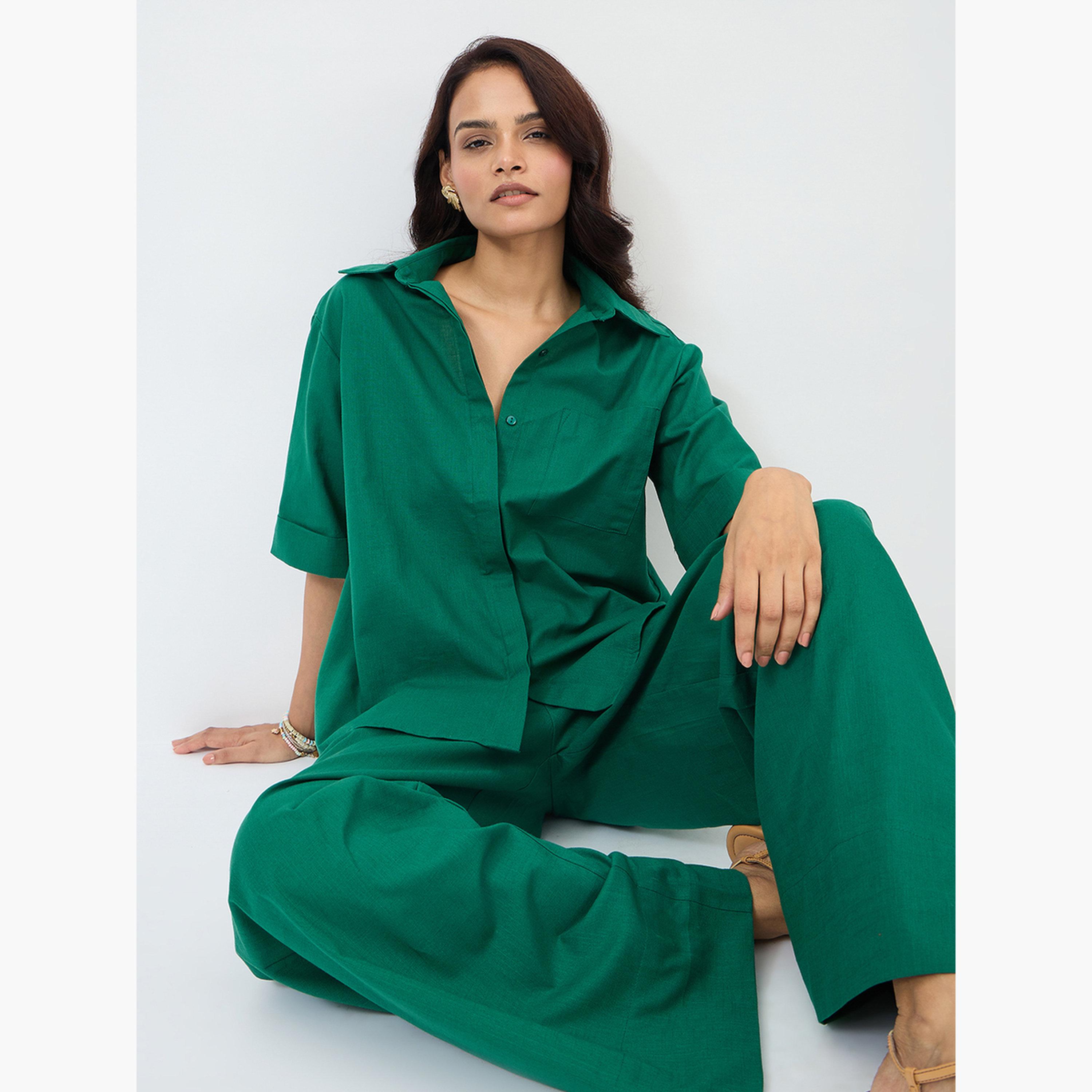 فيميلا - قميص وبنطال مصنوع من القطن لون أخضر للنساء-women-clothing-coordsets-image-4