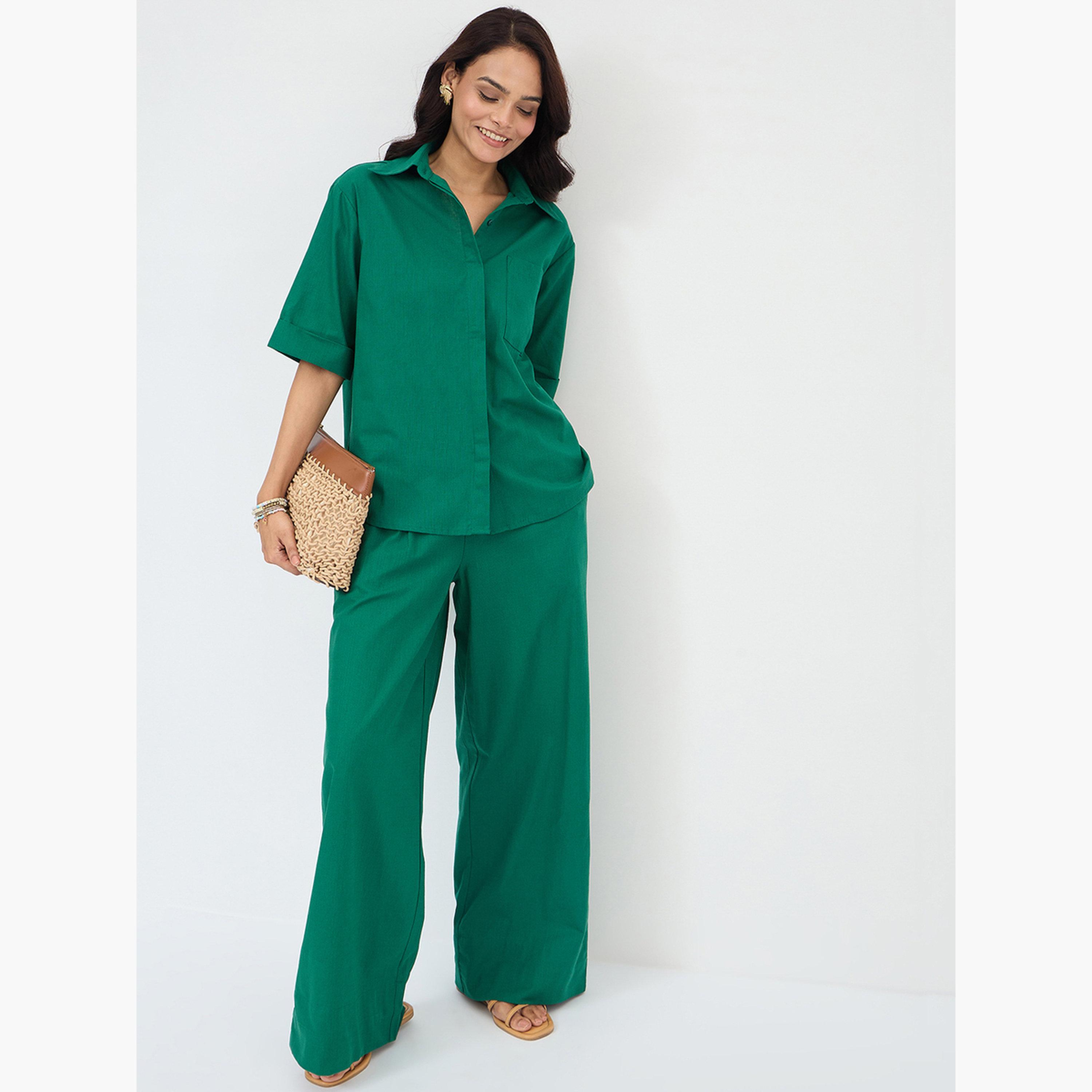 فيميلا - قميص وبنطال مصنوع من القطن لون أخضر للنساء-women-clothing-coordsets-image-5