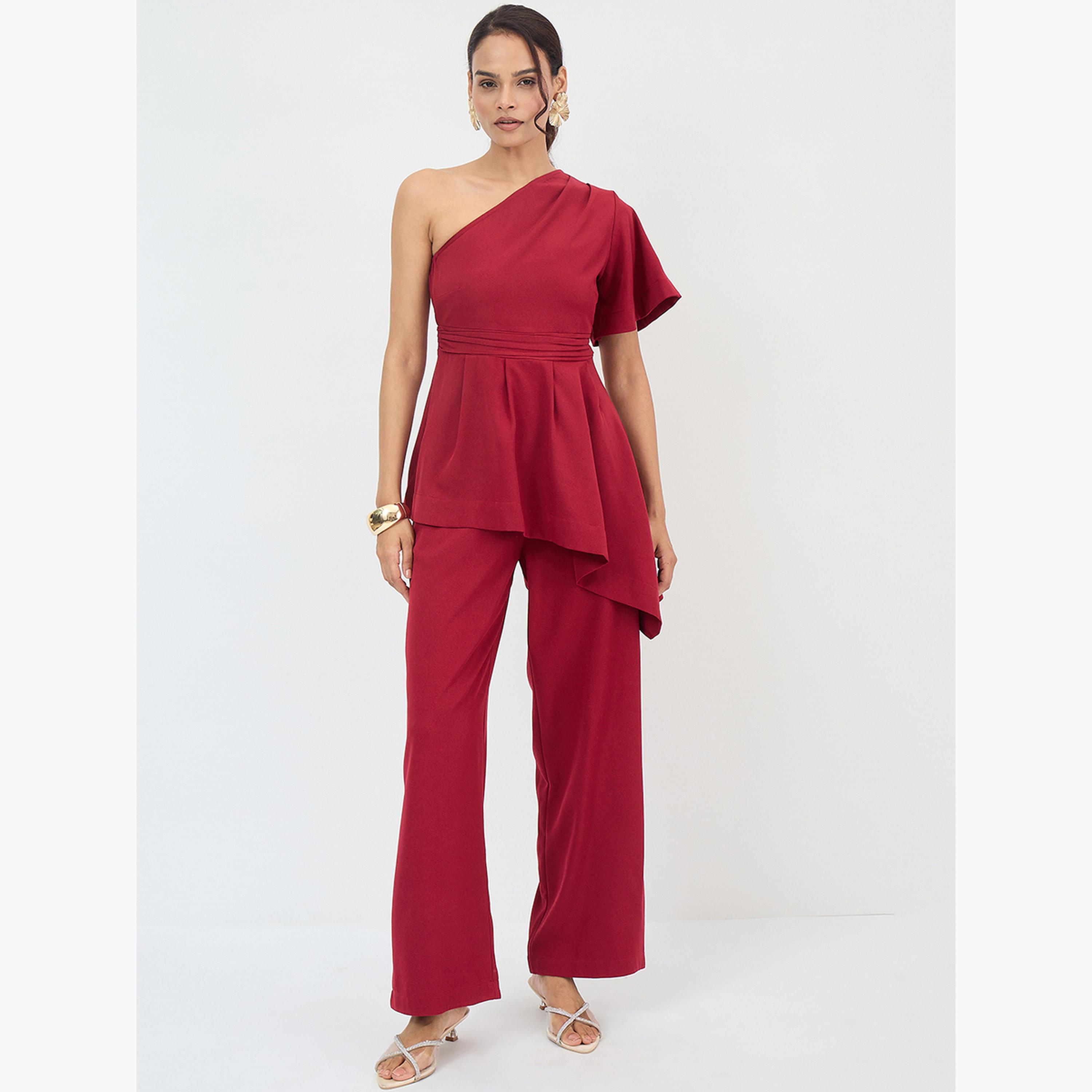 Femmella Women Asymmetric One Shoulder Top and Pants Co-Ords-women-clothing-coordsets-image-1