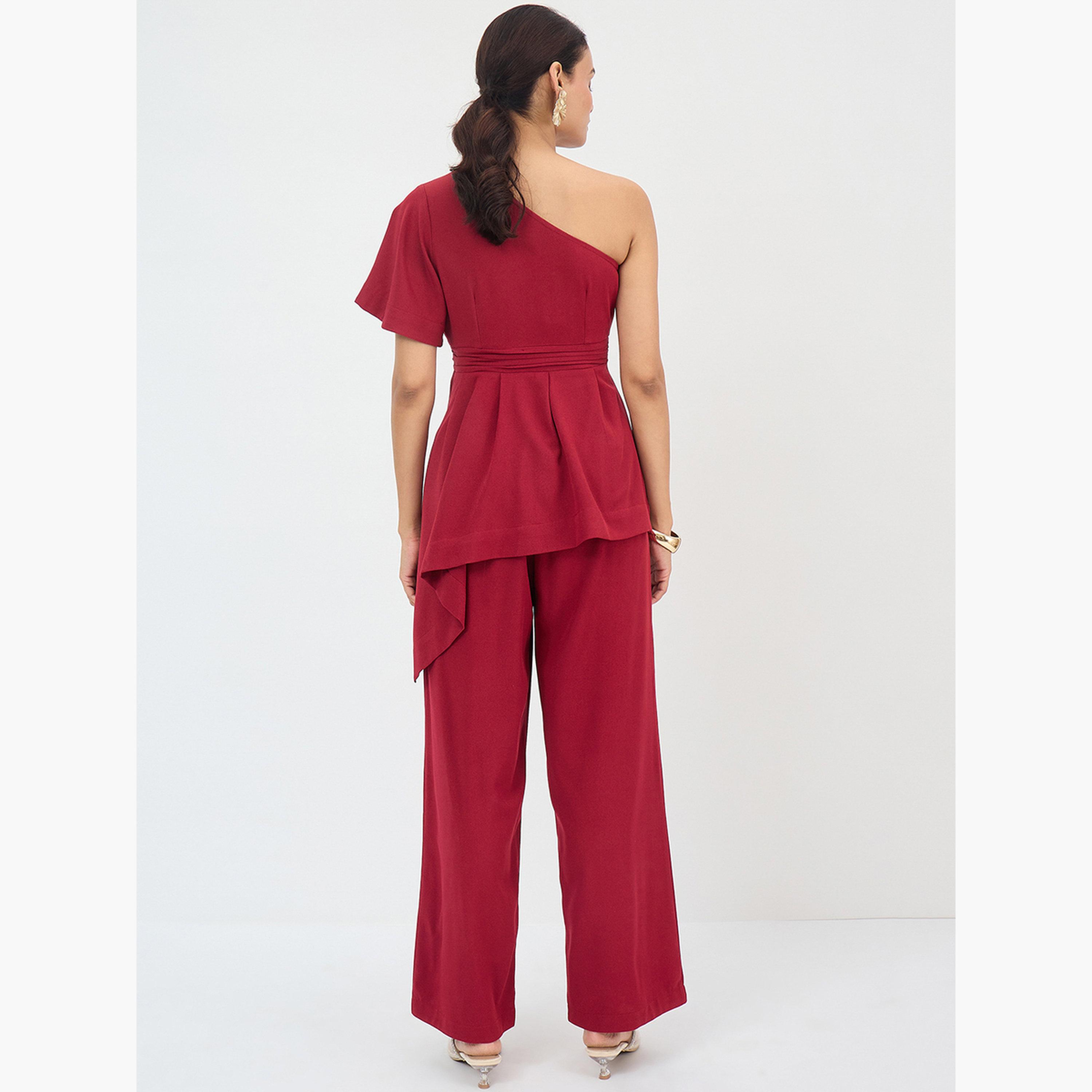 فيميلا - طقم نسائي من بلوزة وبنطال بكتف واحد غير متماثل-women-clothing-coordsets-image-2