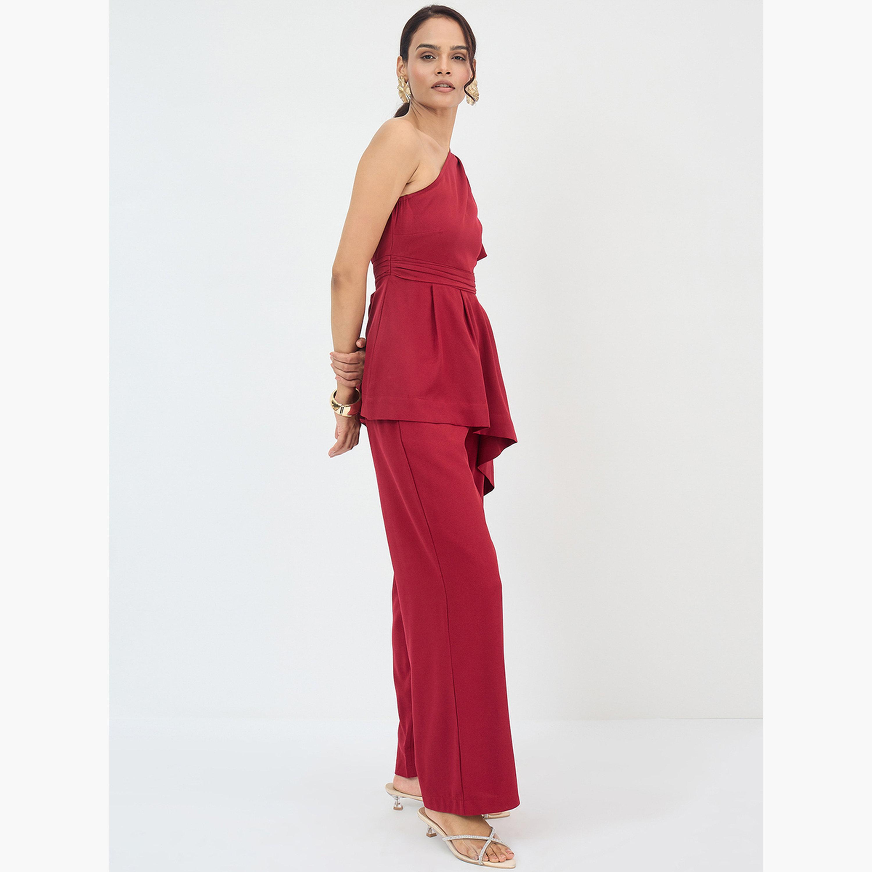 فيميلا - طقم نسائي من بلوزة وبنطال بكتف واحد غير متماثل-women-clothing-coordsets-image-3