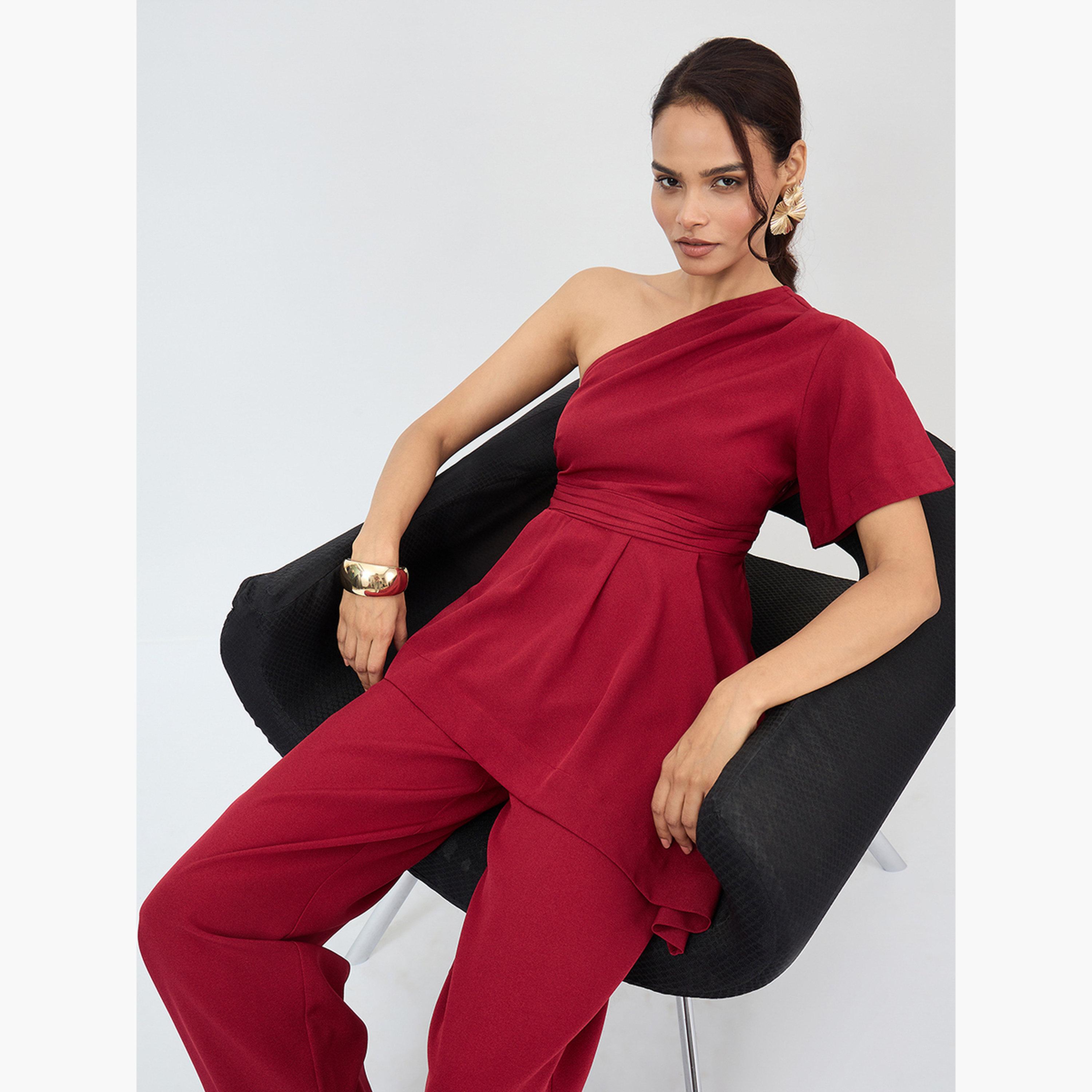 Femmella Women Asymmetric One Shoulder Top and Pants Co-Ords-women-clothing-coordsets-image-4