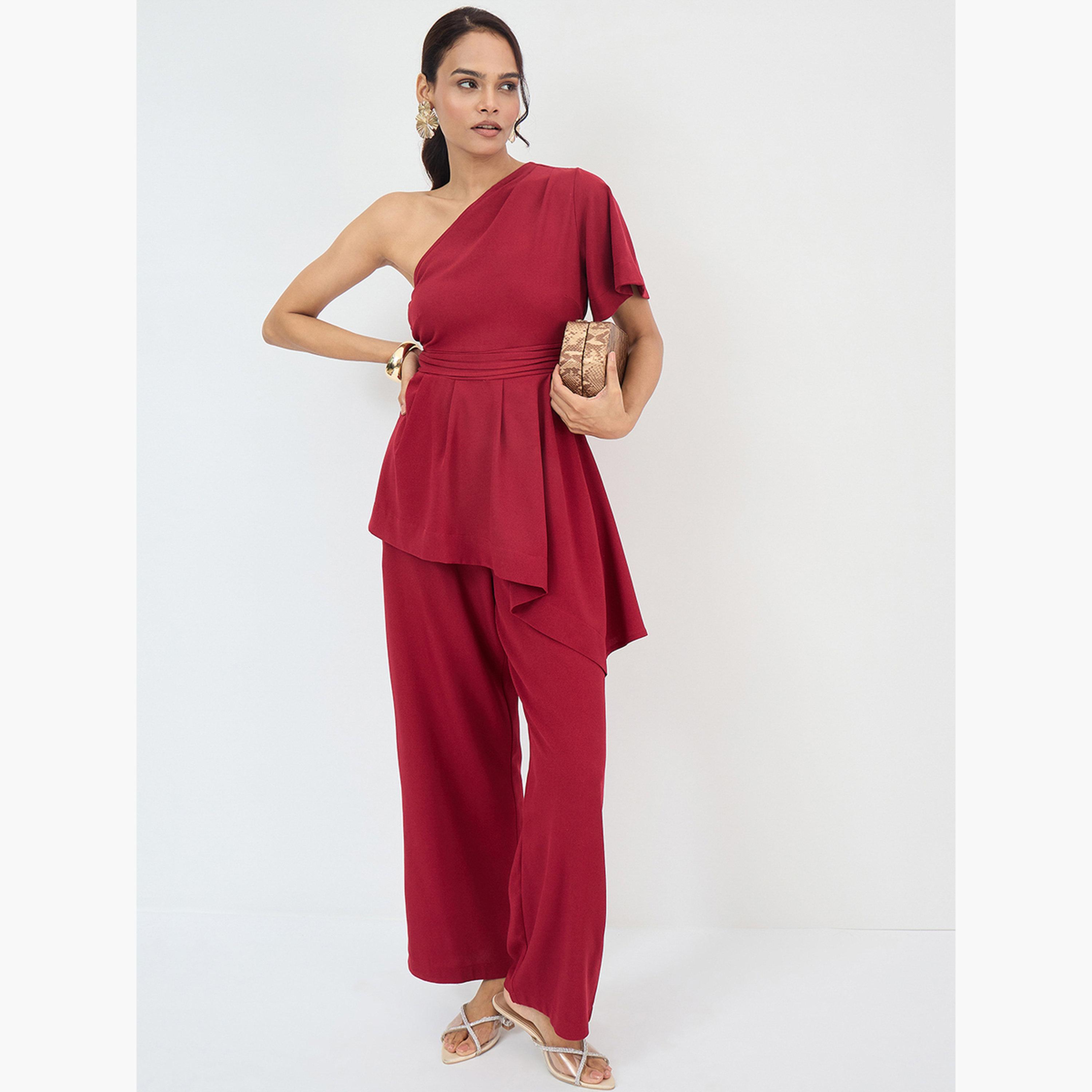 فيميلا - طقم نسائي من بلوزة وبنطال بكتف واحد غير متماثل-women-clothing-coordsets-image-5