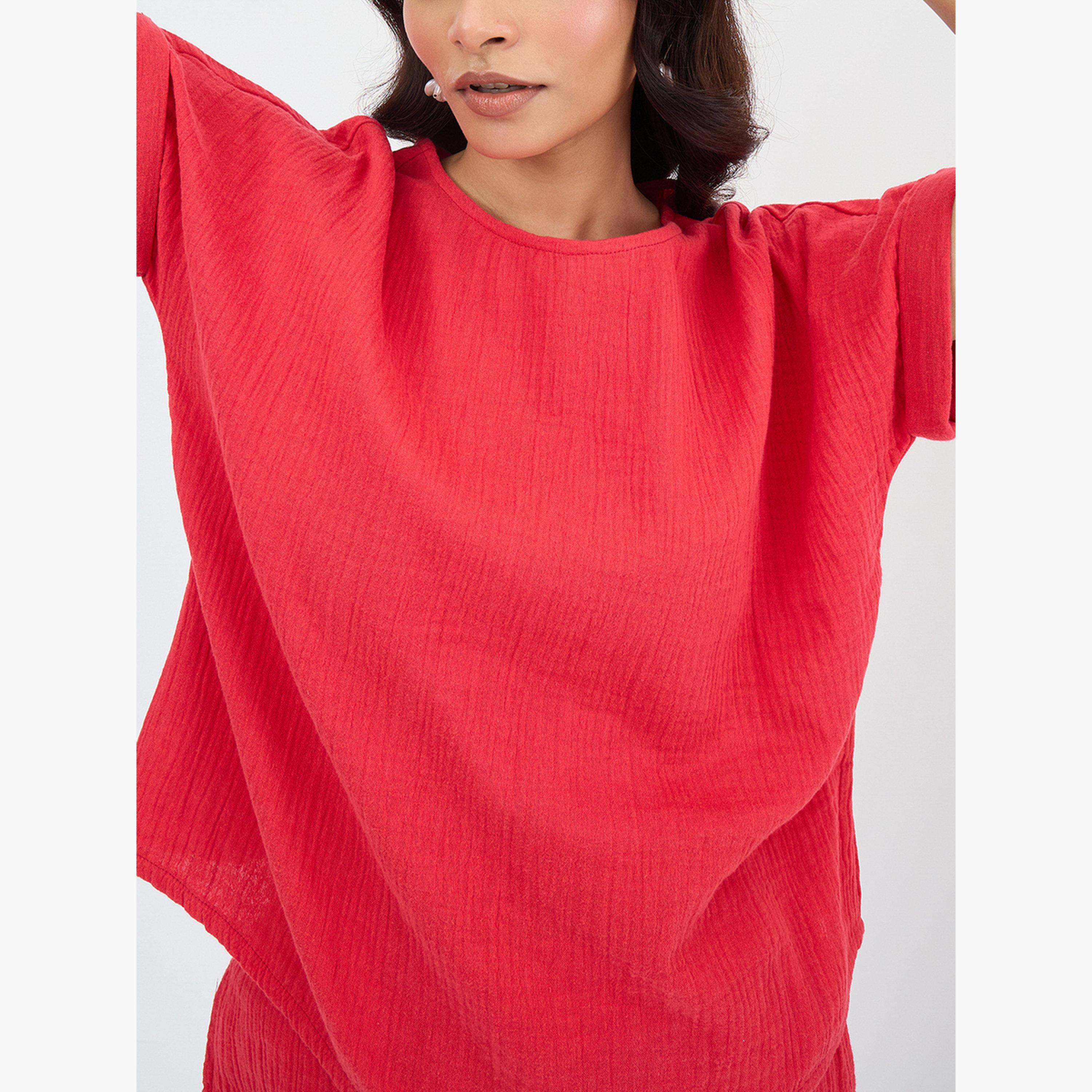 فيميلا - طقم نسائي من بلوزة وبنطال من قماش قطني شاش-women-clothing-coordsets-image-6
