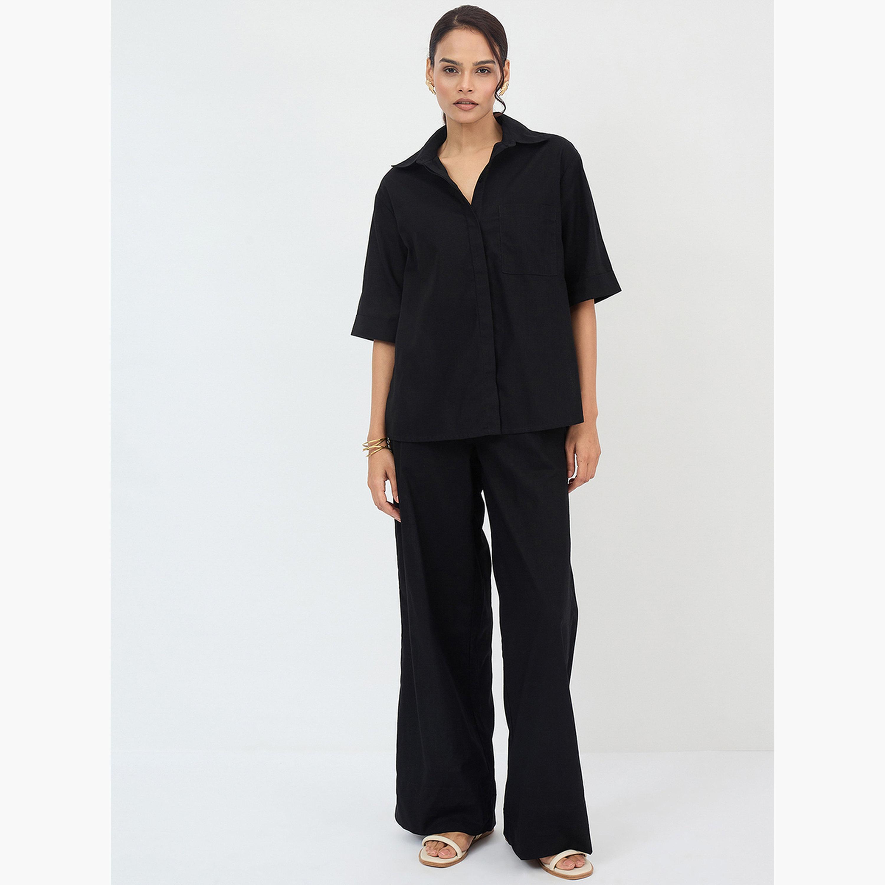 فيميلا - قميص وبنطال قطني أسود للنساء-women-clothing-coordsets-image-1