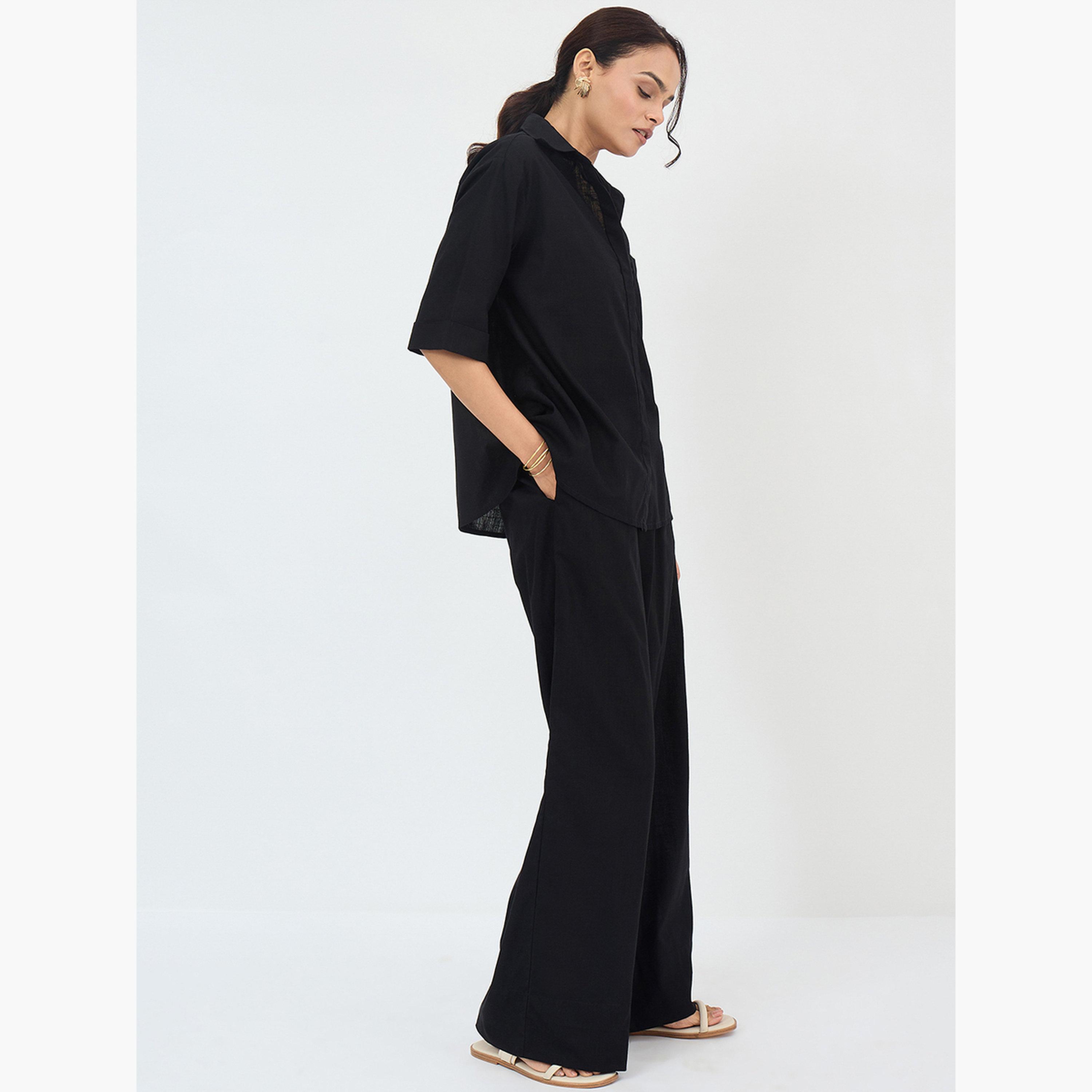 فيميلا - قميص وبنطال قطني أسود للنساء-women-clothing-coordsets-image-3