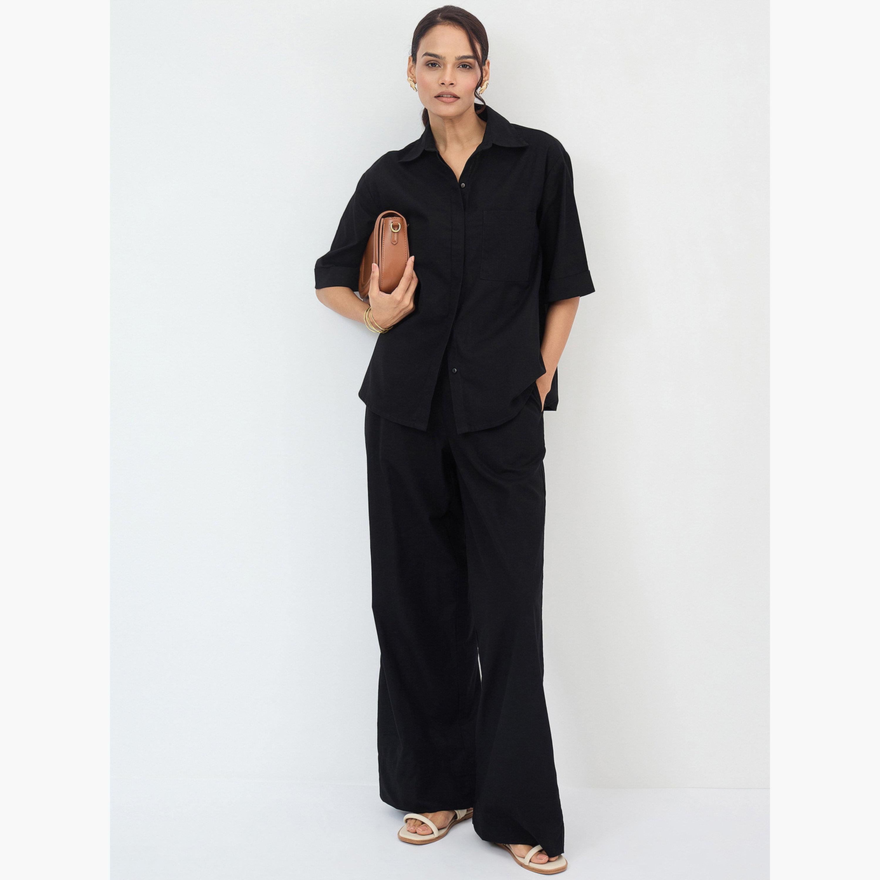 فيميلا - قميص وبنطال قطني أسود للنساء-women-clothing-coordsets-image-4