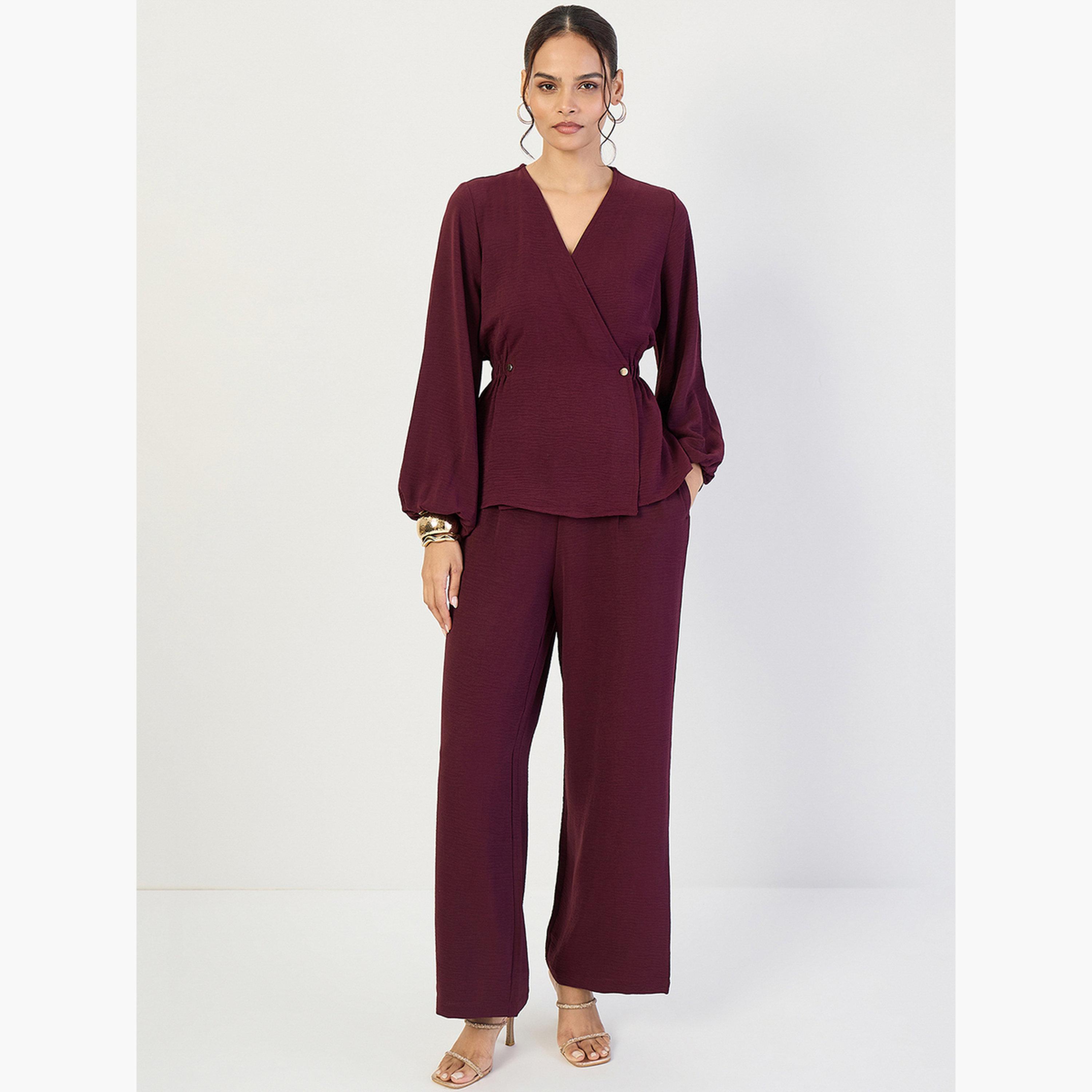 فيميلا - طقم نسائي مكوّن من توب مع رباط أمامي وبنطال واسع الساق-women-clothing-coordsets-image-1