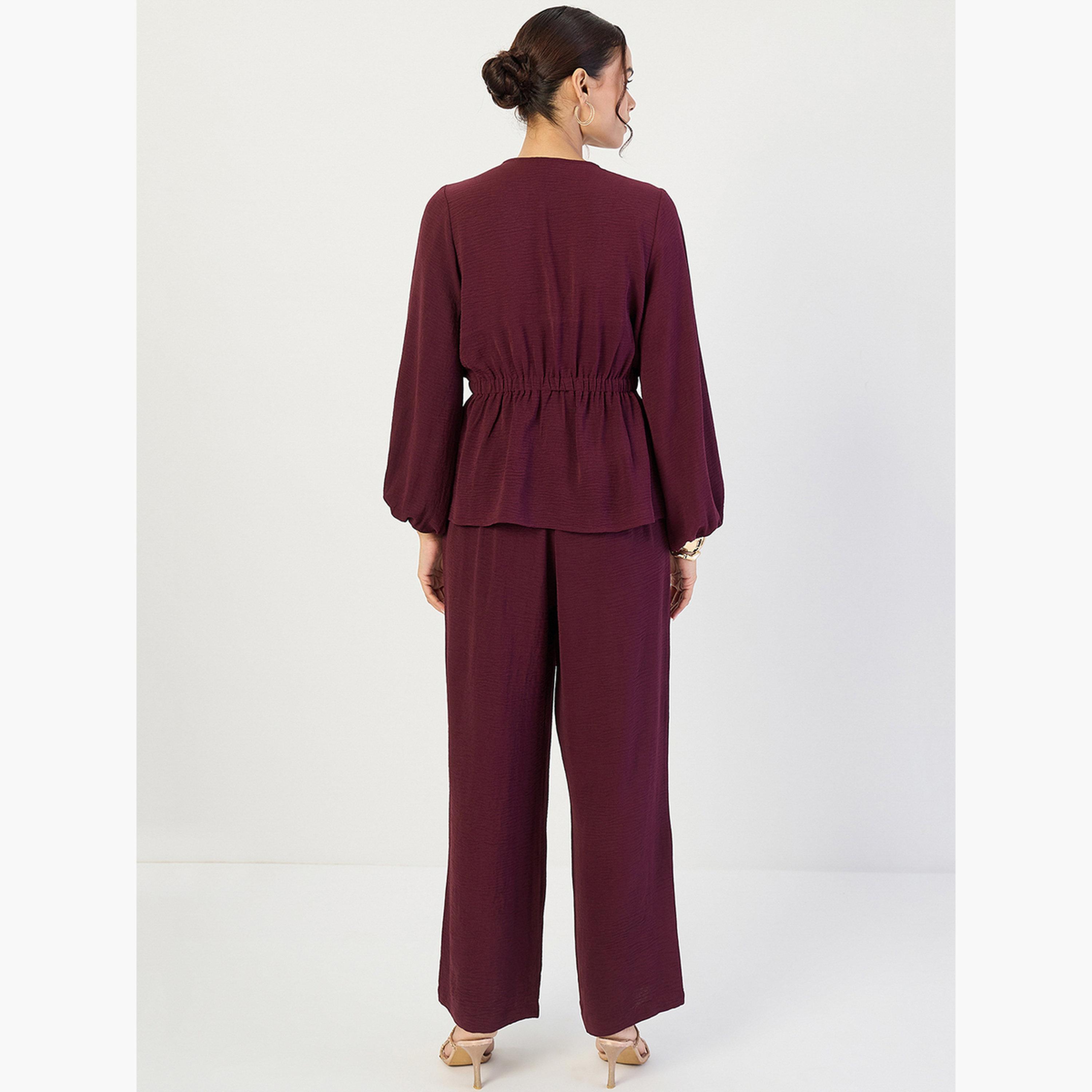فيميلا - طقم نسائي مكوّن من توب مع رباط أمامي وبنطال واسع الساق-women-clothing-coordsets-image-2