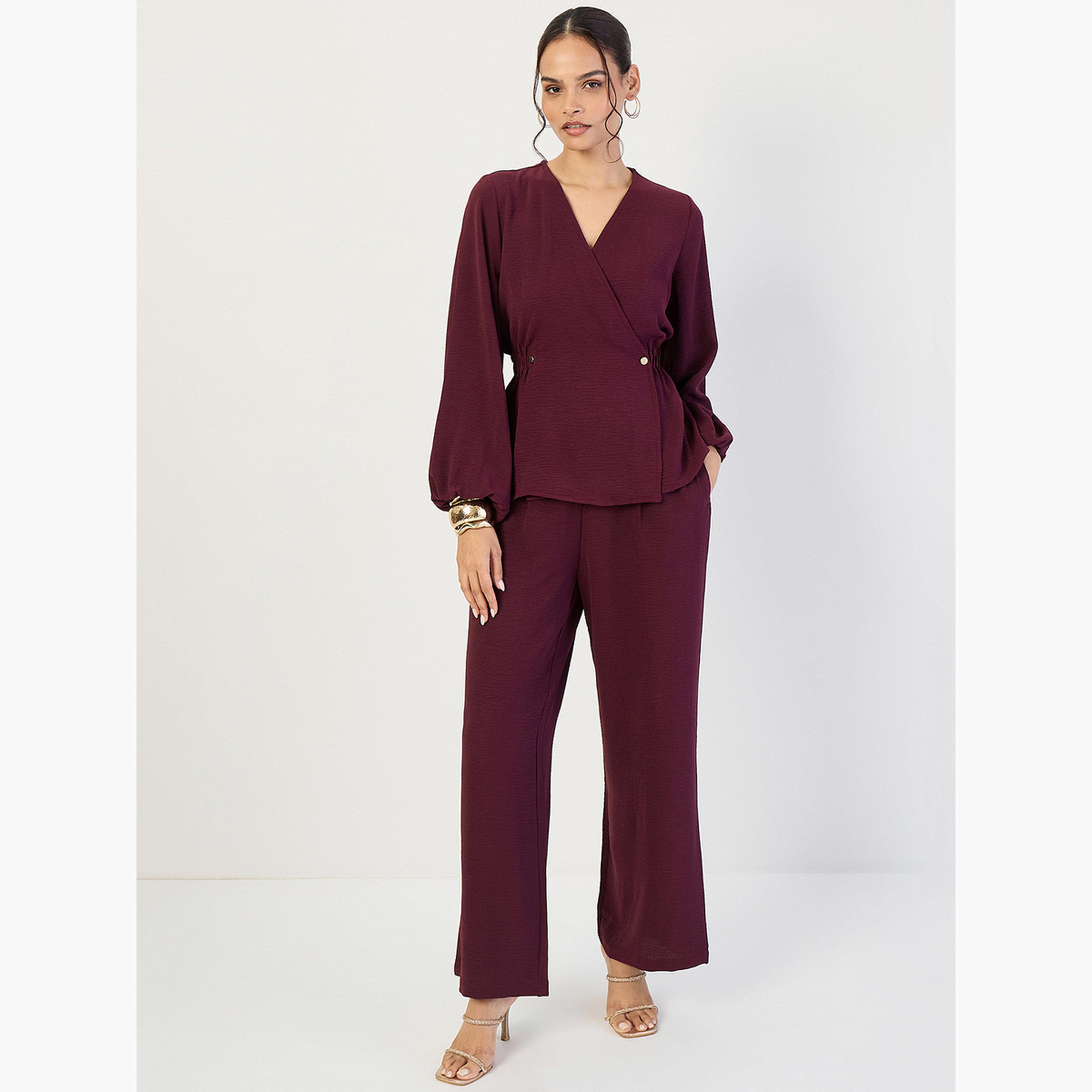 فيميلا - طقم نسائي مكوّن من توب مع رباط أمامي وبنطال واسع الساق-women-clothing-coordsets-image-3