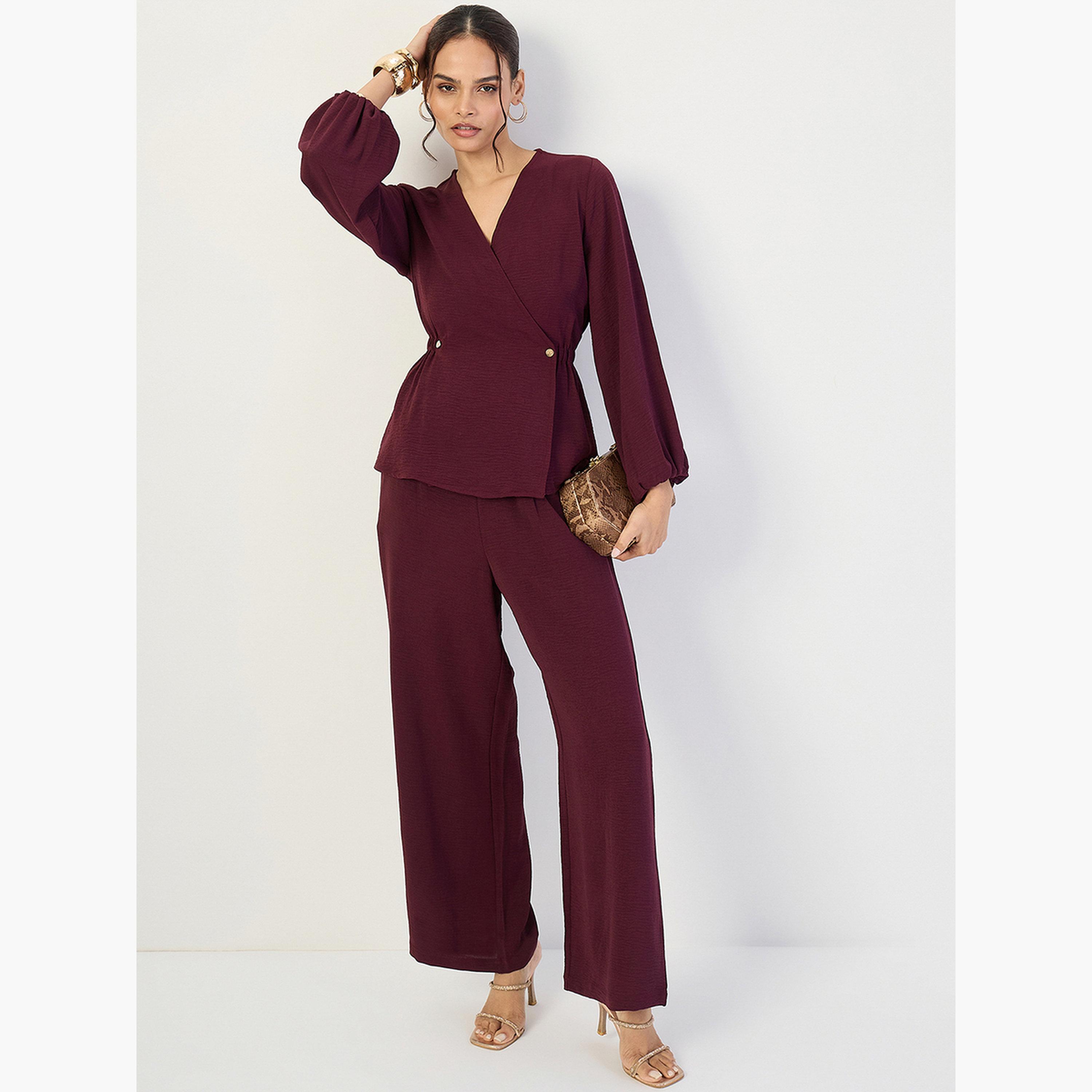 فيميلا - طقم نسائي مكوّن من توب مع رباط أمامي وبنطال واسع الساق-women-clothing-coordsets-image-5
