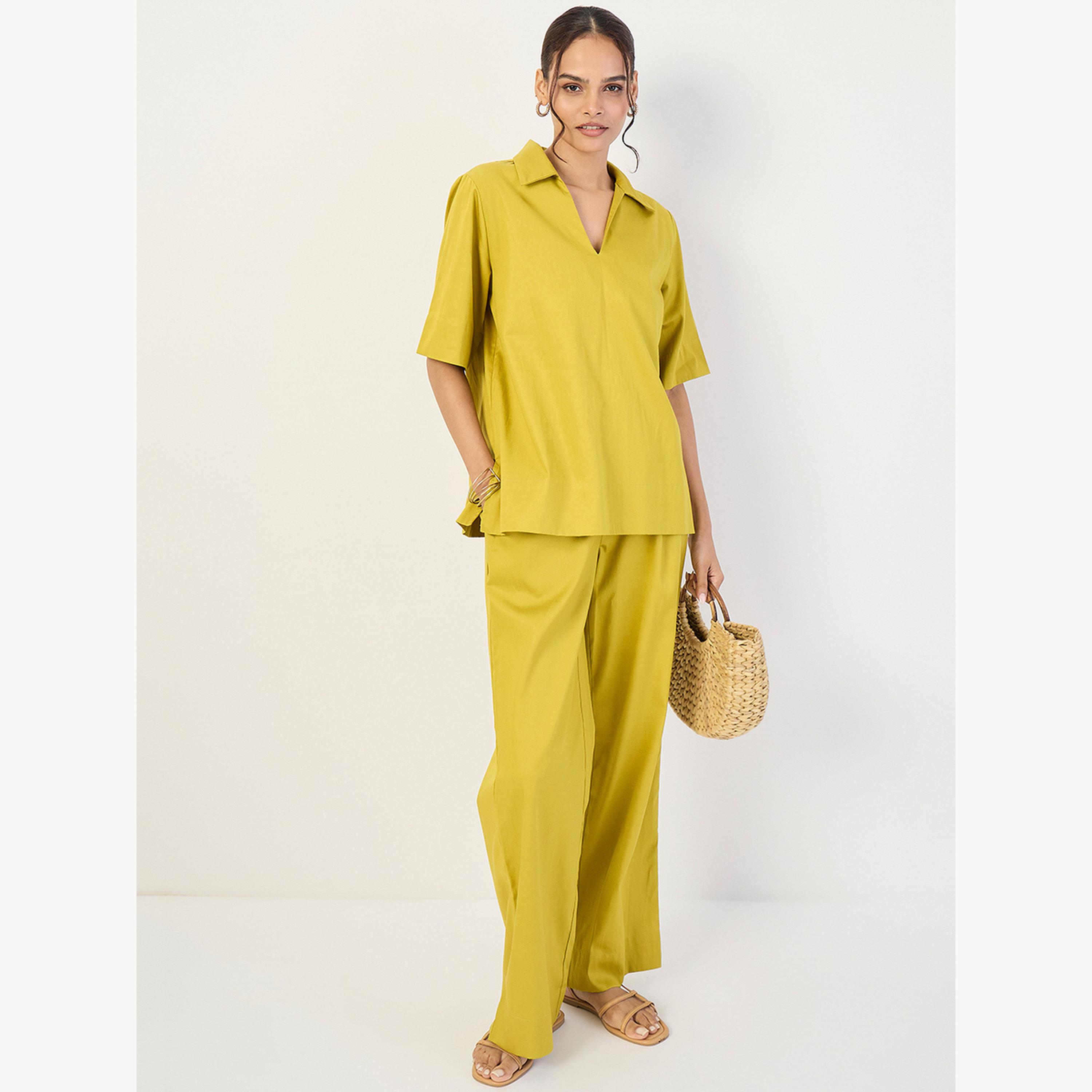 فيميلا - طقم نسائي من بلوزة وبنطال مفتوحين لون أخضر-women-clothing-coordsets-image-5