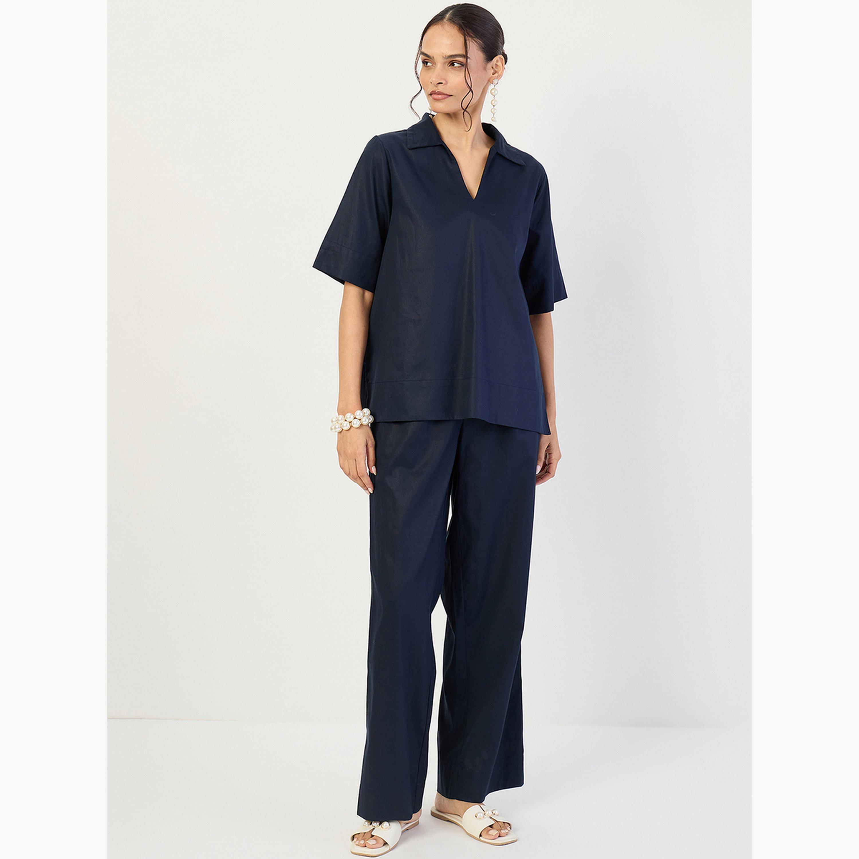 Femmella Women Navy Open Collar Top and Pants Co-Ords-women-clothing-coordsets-image-1