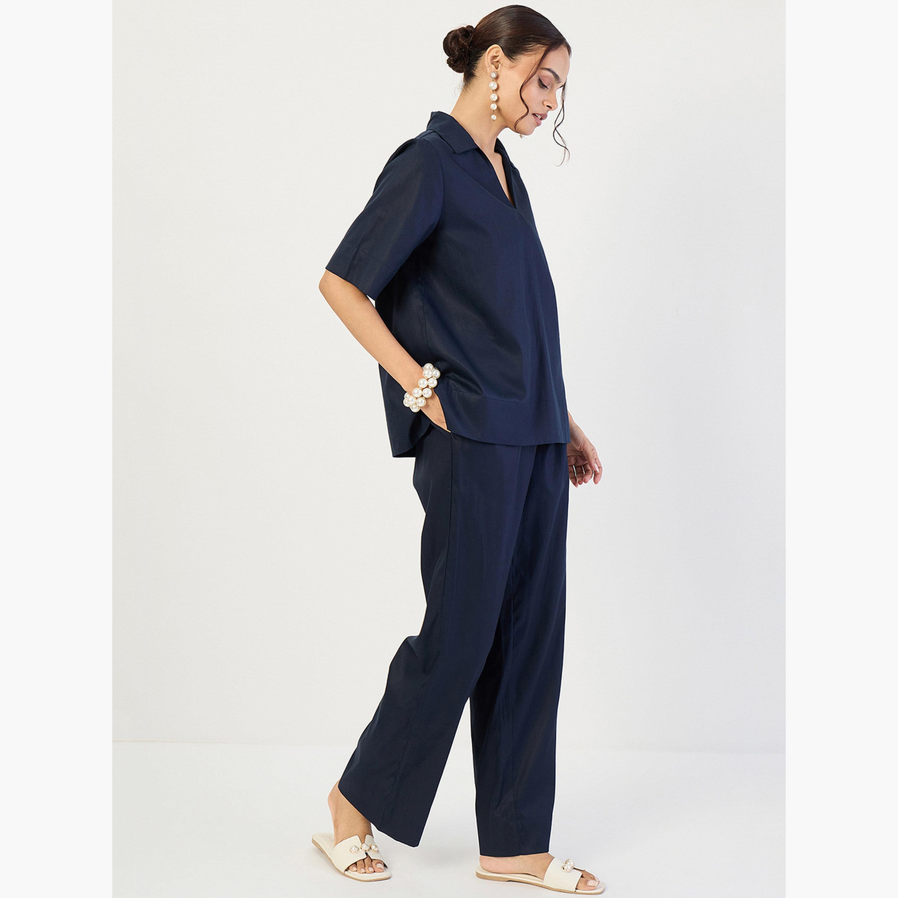 Femmella Women Navy Open Collar Top and Pants Co-Ords-women-clothing-coordsets-image-2