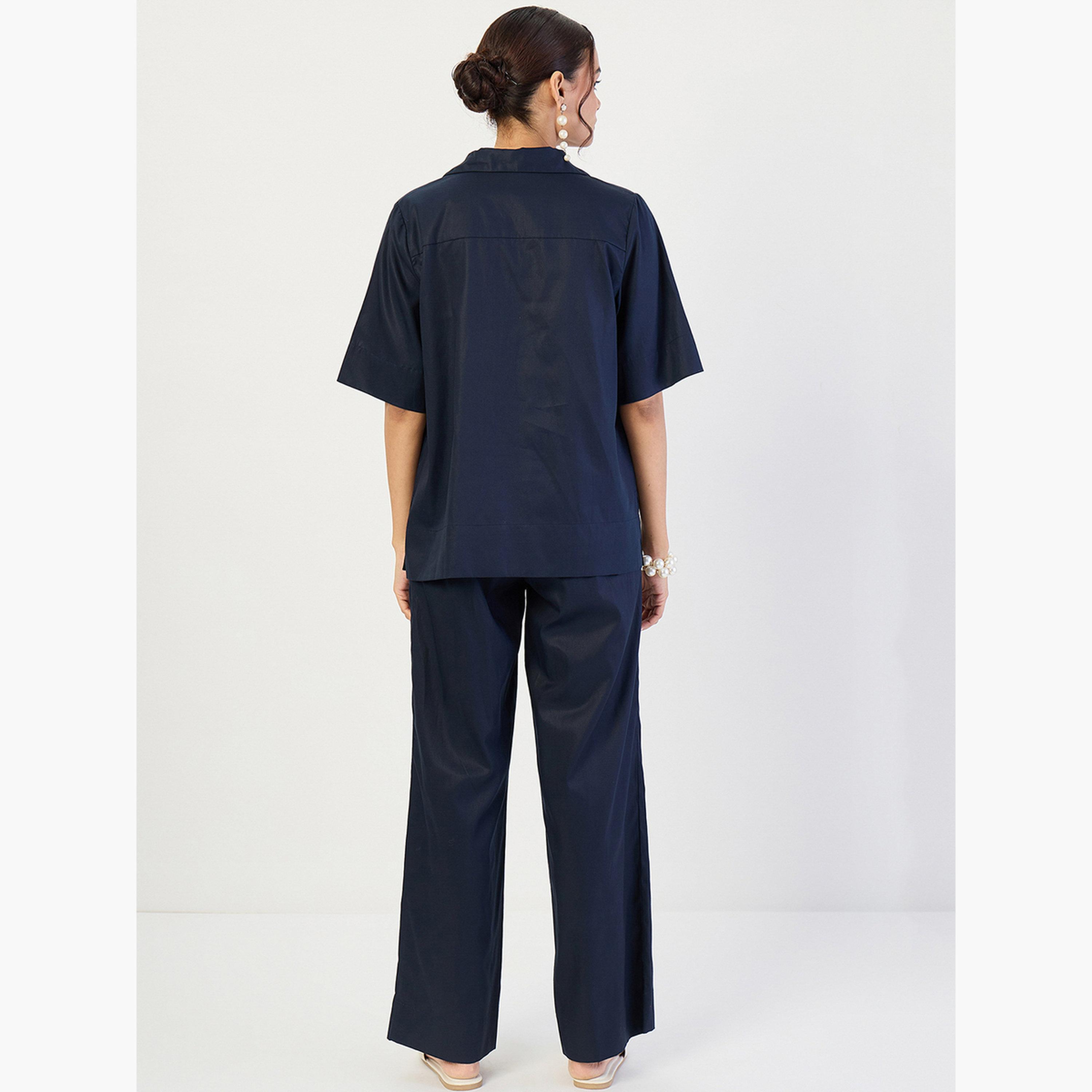 Femmella Women Navy Open Collar Top and Pants Co-Ords-women-clothing-coordsets-image-3
