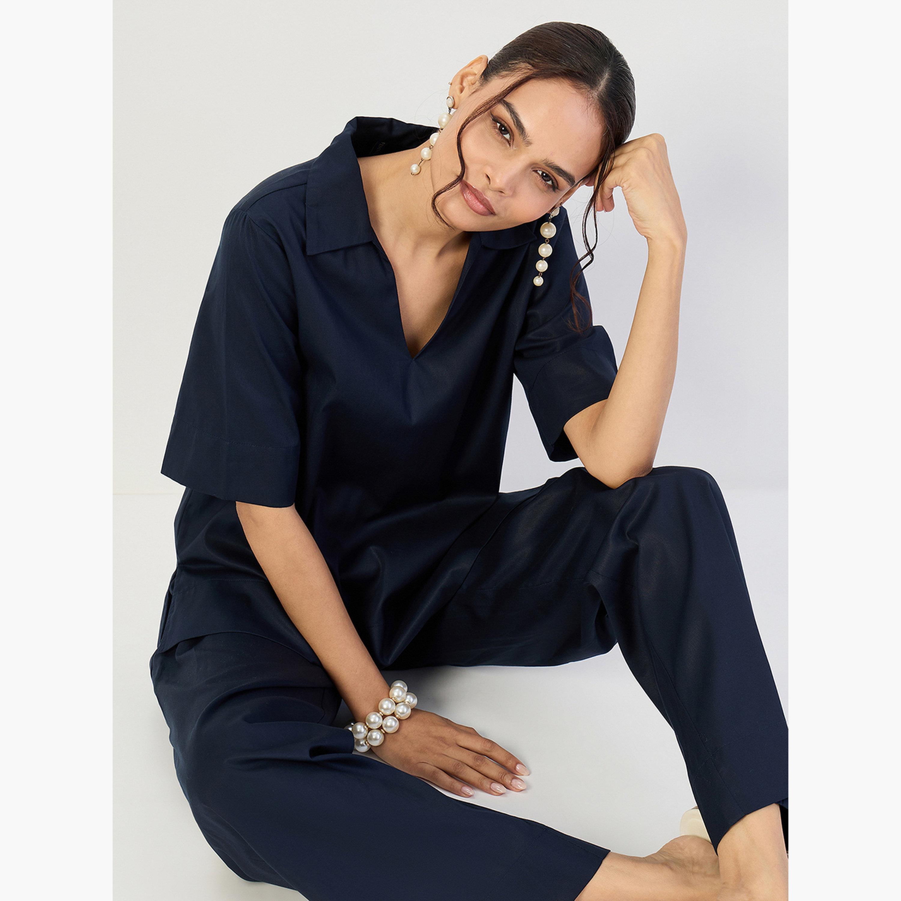 Femmella Women Navy Open Collar Top and Pants Co-Ords-women-clothing-coordsets-image-4