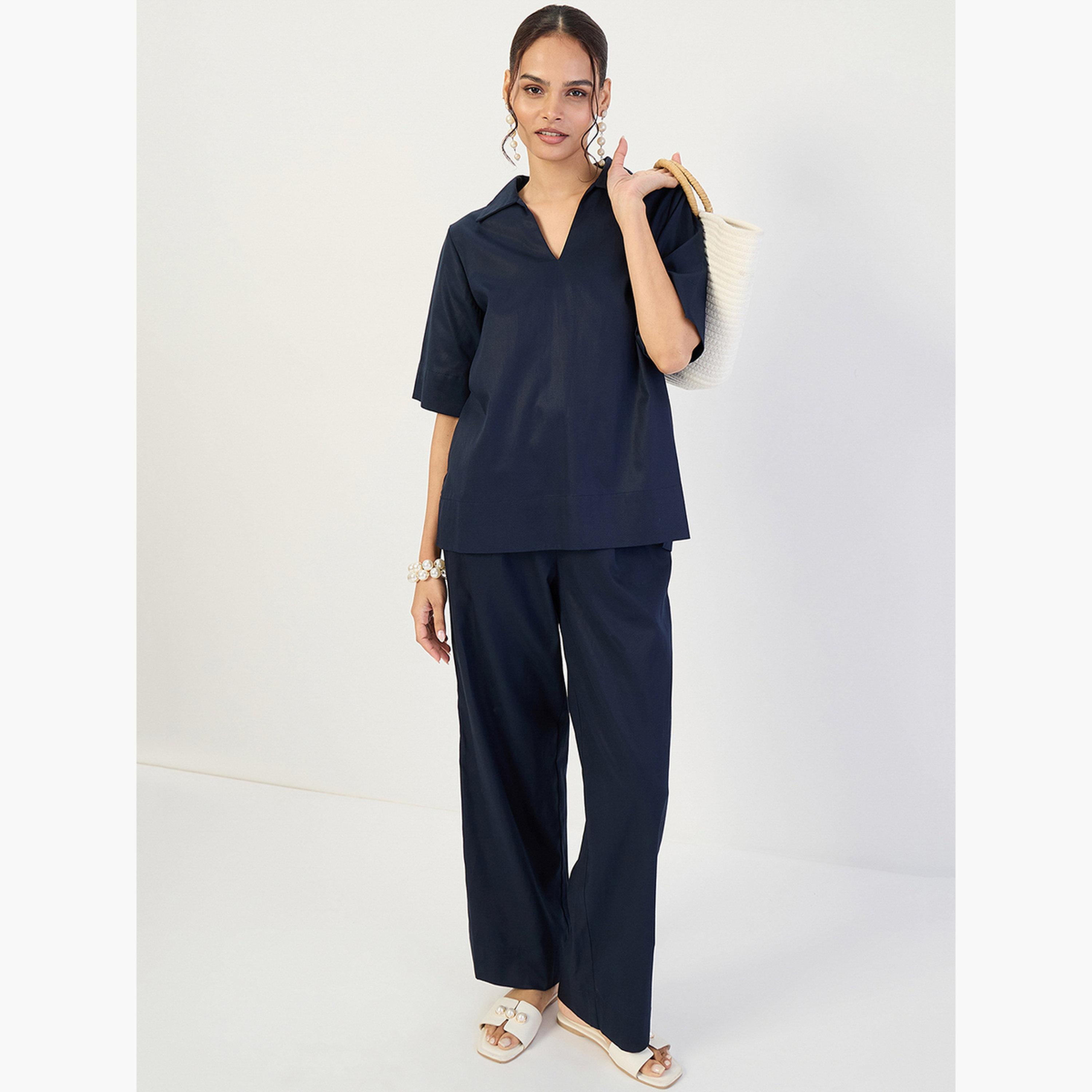 Femmella Women Navy Open Collar Top and Pants Co-Ords-women-clothing-coordsets-image-5