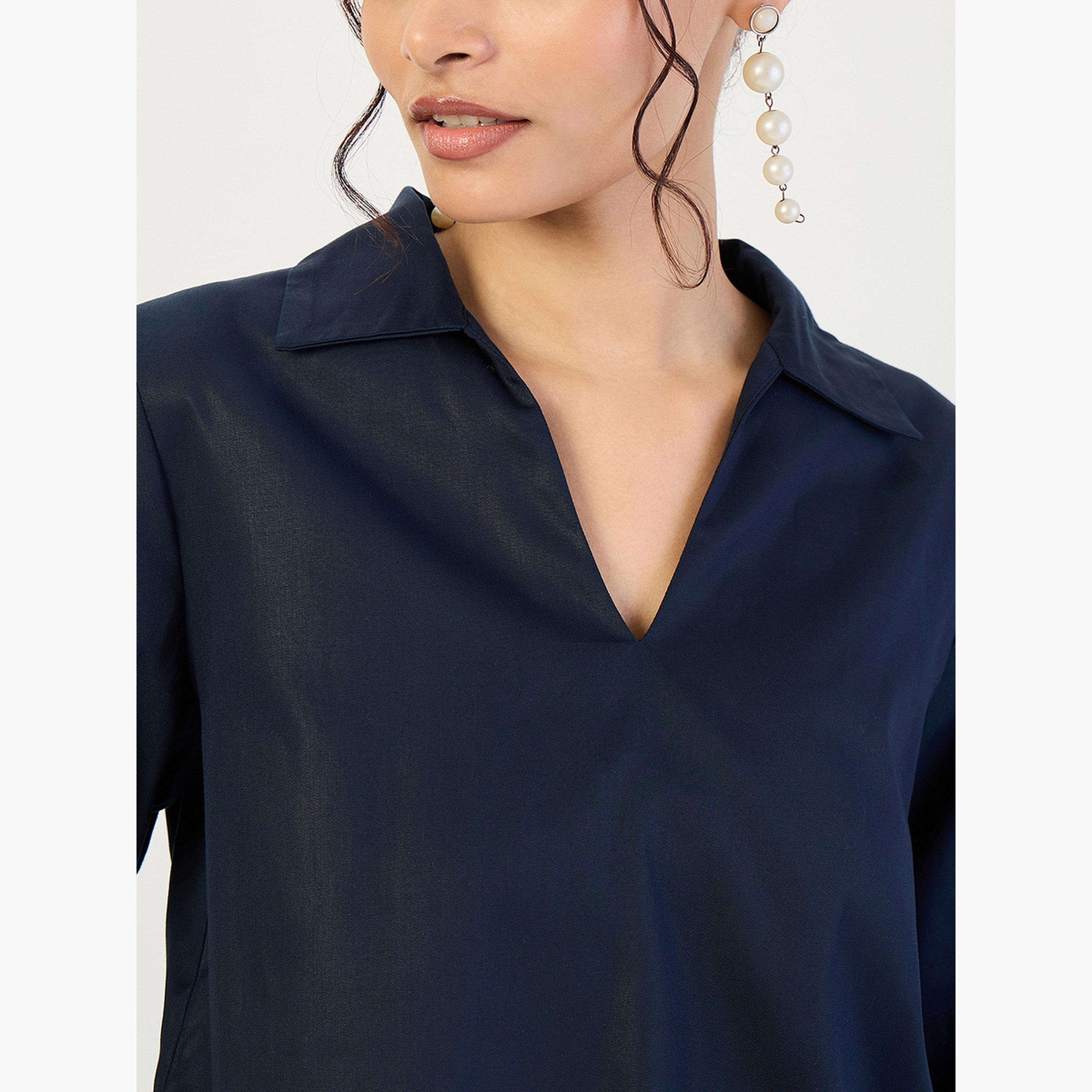 Femmella Women Navy Open Collar Top and Pants Co-Ords-women-clothing-coordsets-image-6