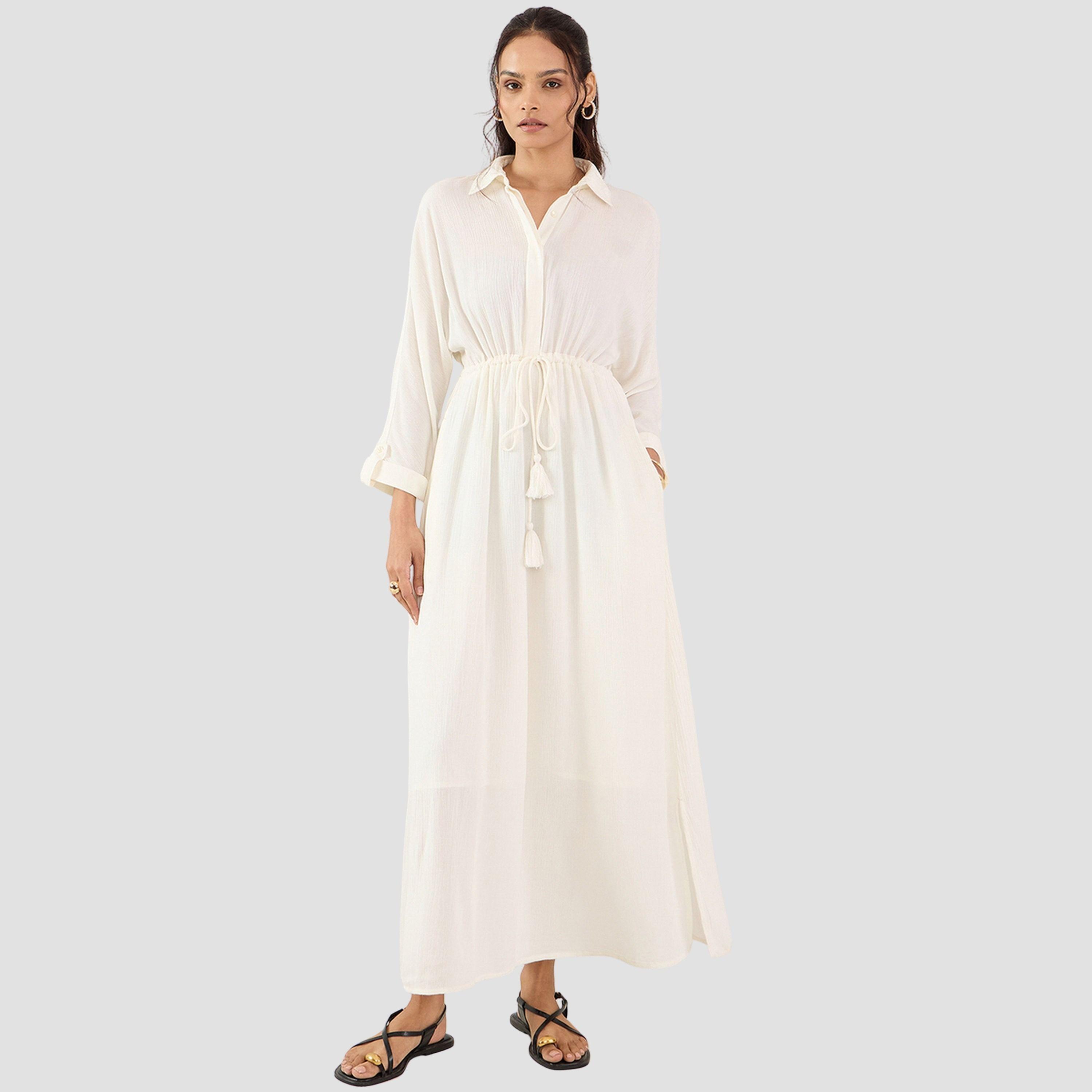 فيميلا - فستان ماكسي نسائي بأكمام طويلة وياقة مجعدة ومزخرف لون اوف وايت-women-clothing-dresses-image-1